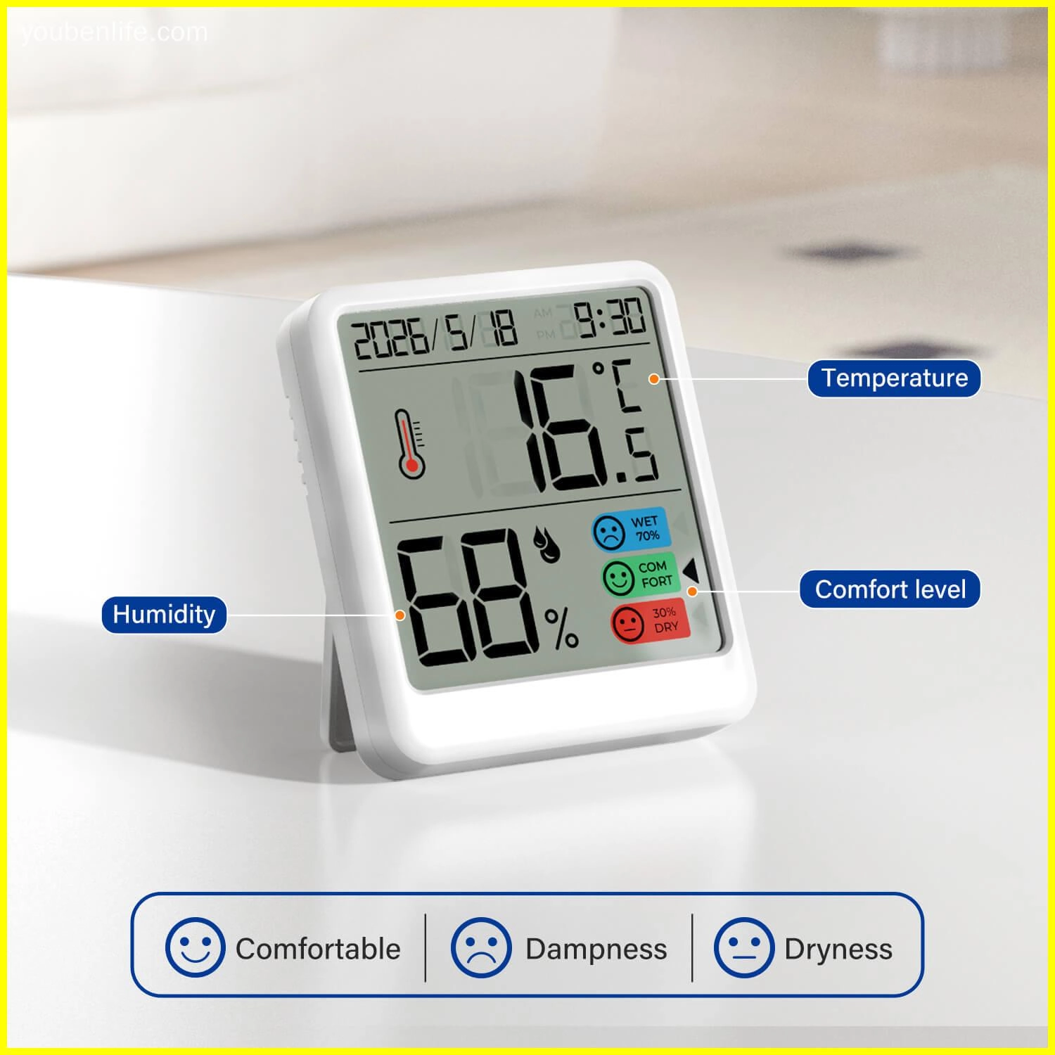 Bedroom High Accuracy electronic Wall Mount Magnet Back Digital Indoor Thermometer Hygrometer temperature - Youben life