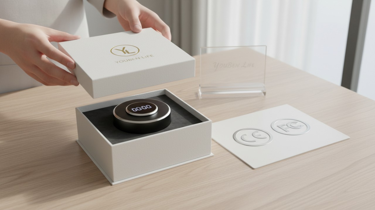 Branded productivity timer with premium packaging and electronic compliance certification symbols