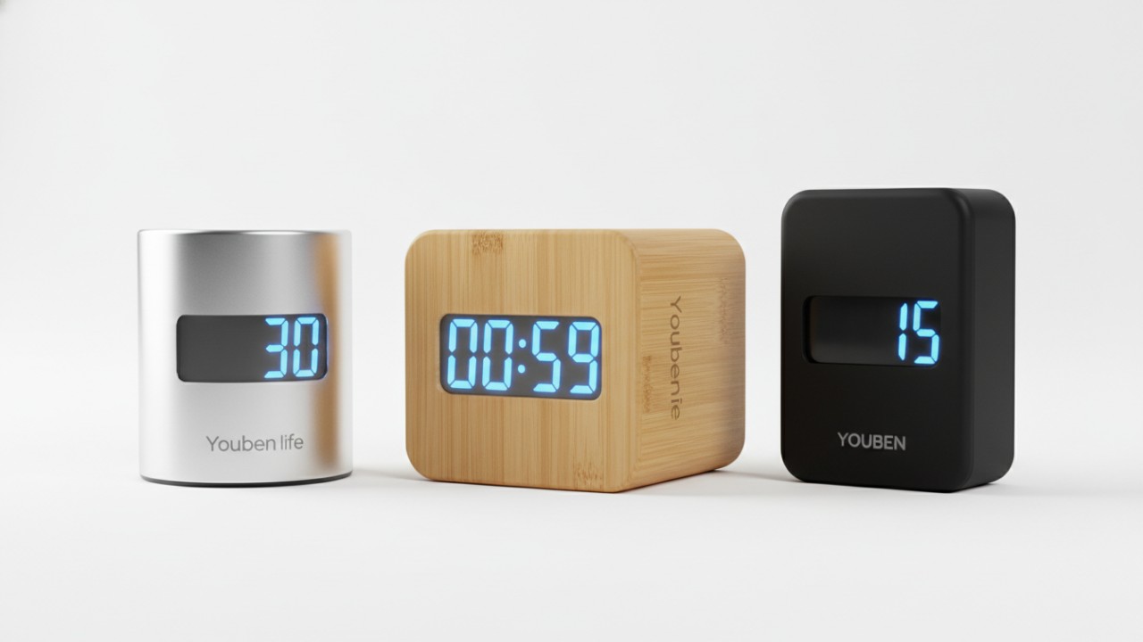 Collection of premium private label Pomodoro timers in different materials like bamboo and aluminum