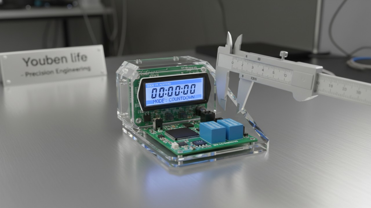 Detailed view of custom PCB and electronic components for an OEM digital timer