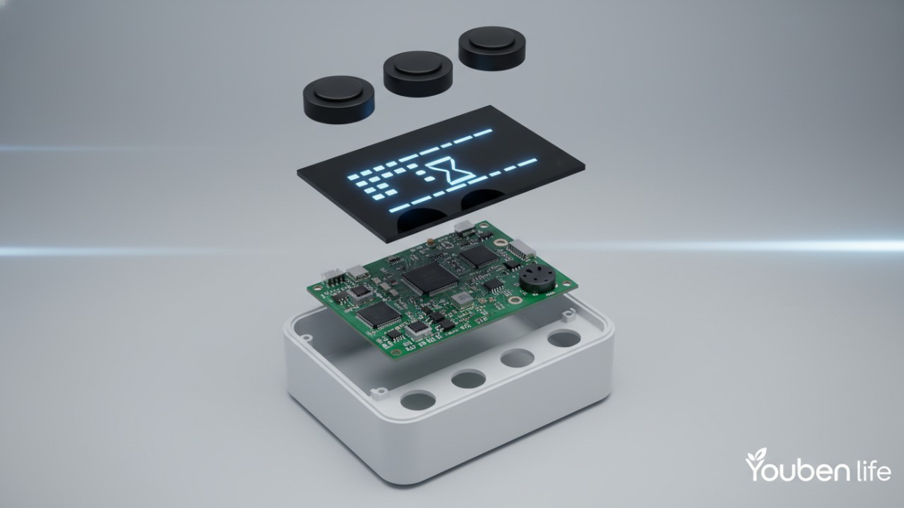 Exploded view diagram showing internal components of a premium Pomodoro timer