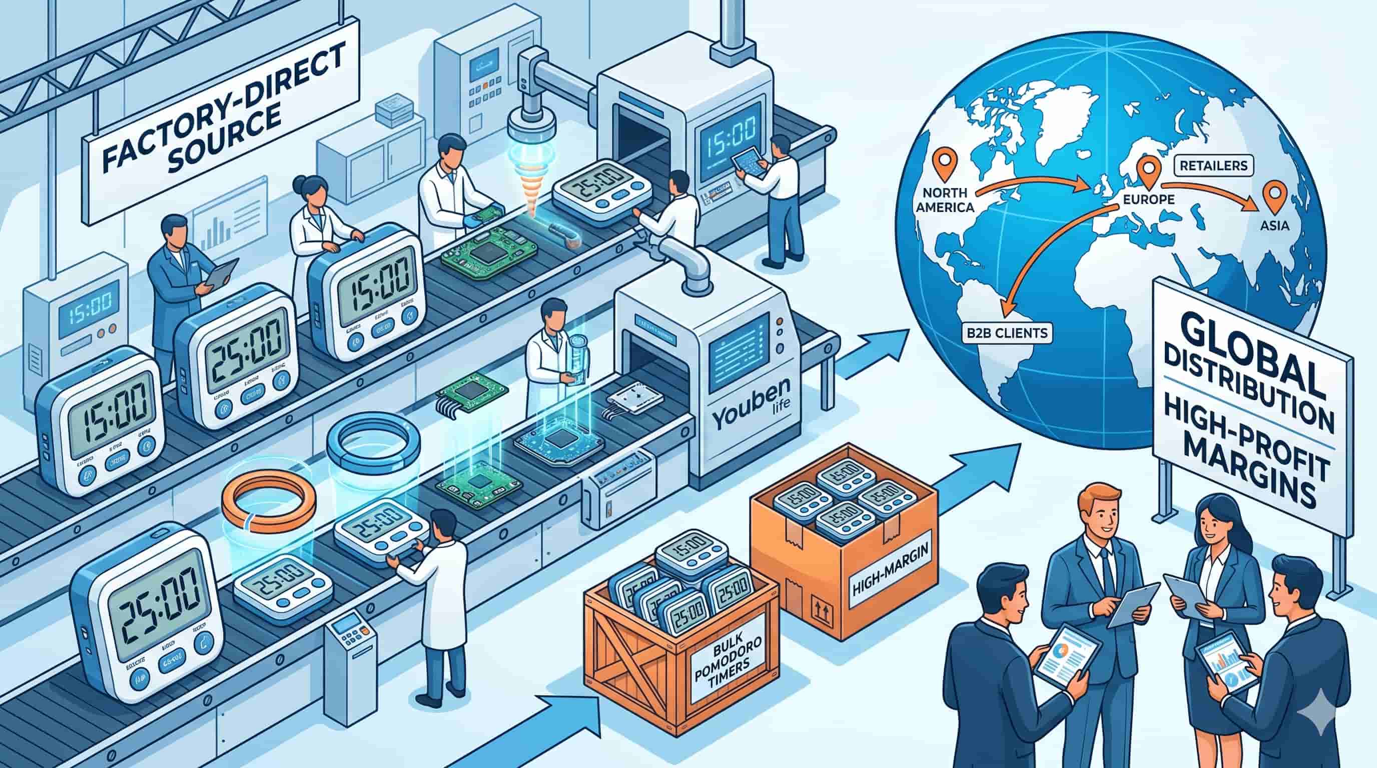 Illustration of factory-direct production and global distribution of timers.