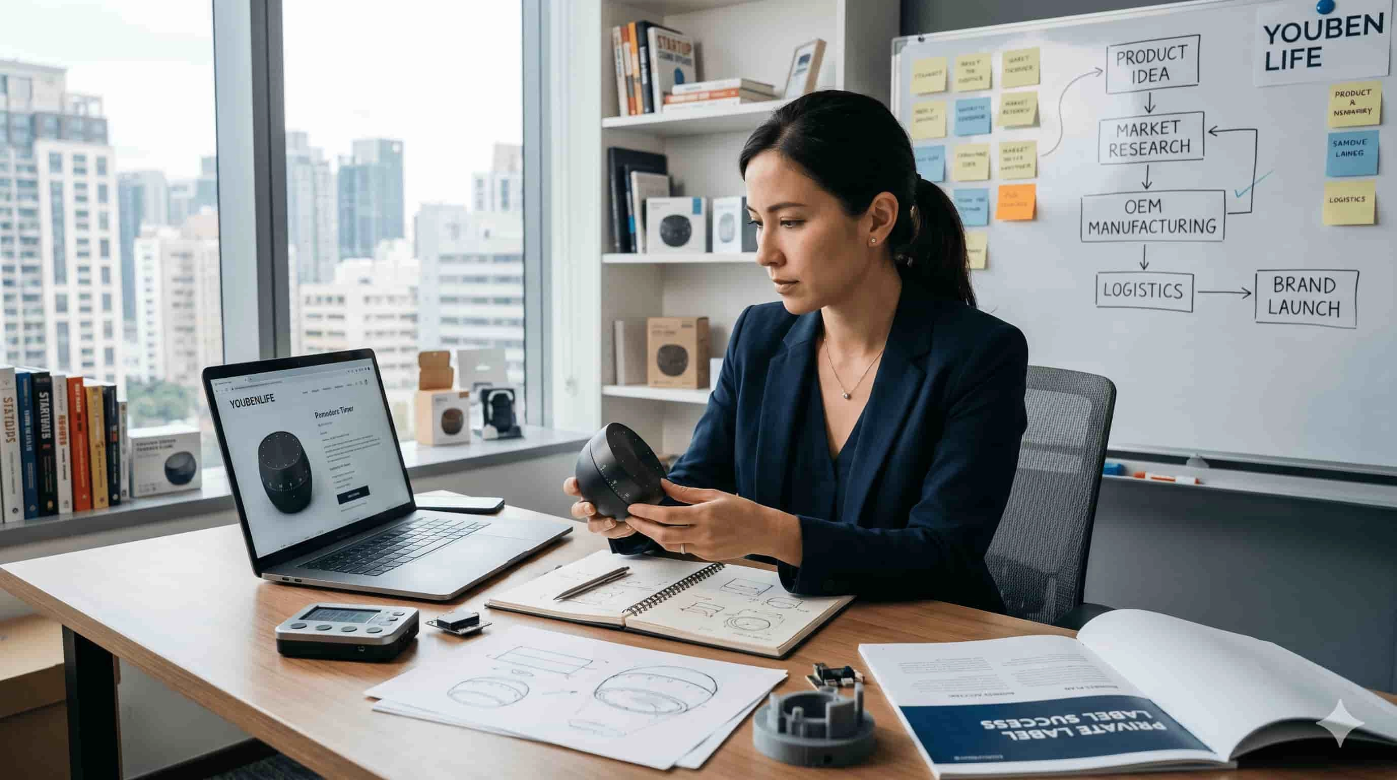 A professional woman examines a product prototype at her desk in a modern office. - Youben life