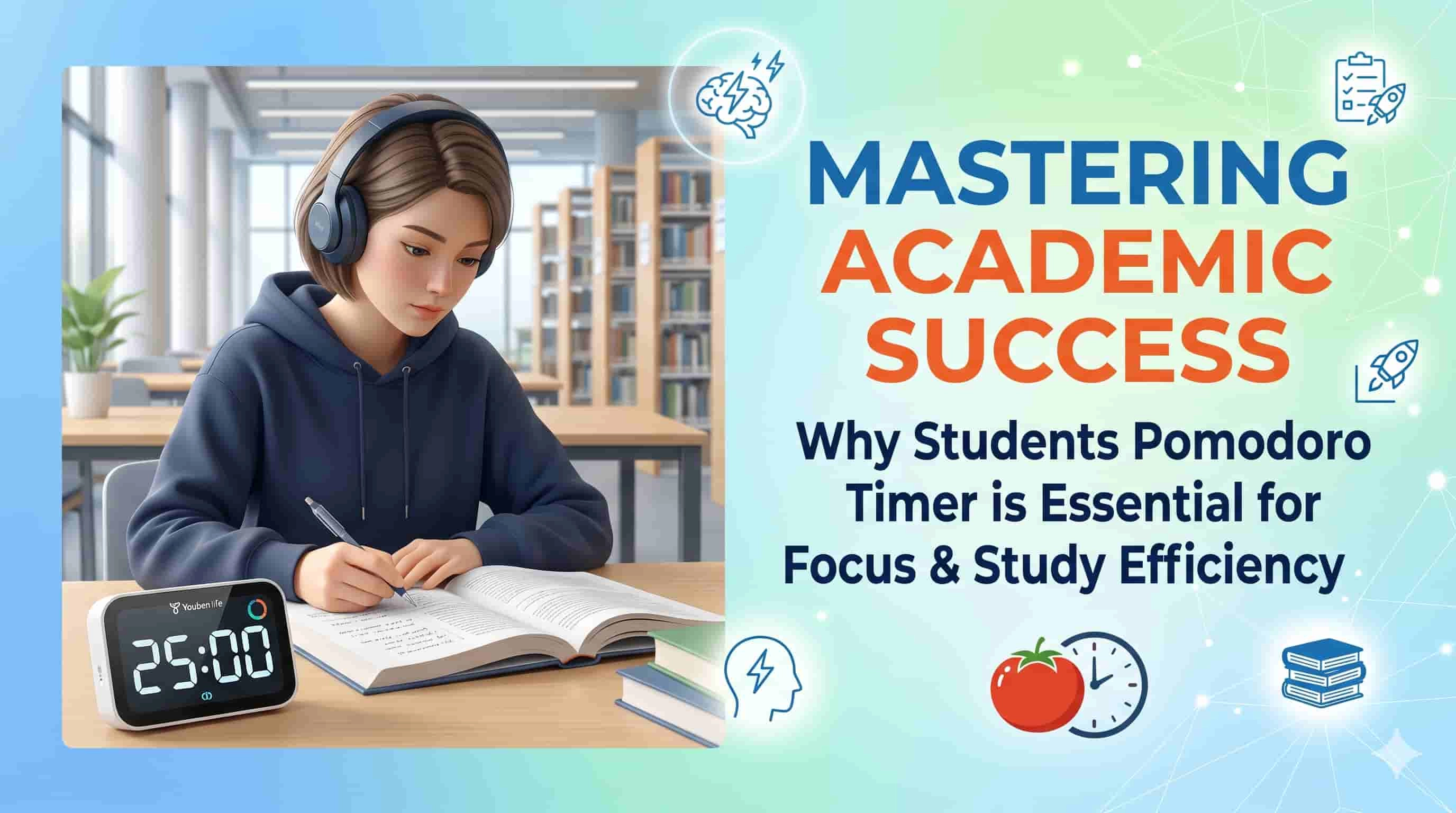 Student studying with a Pomodoro timer for focus and academic success. - Youben life