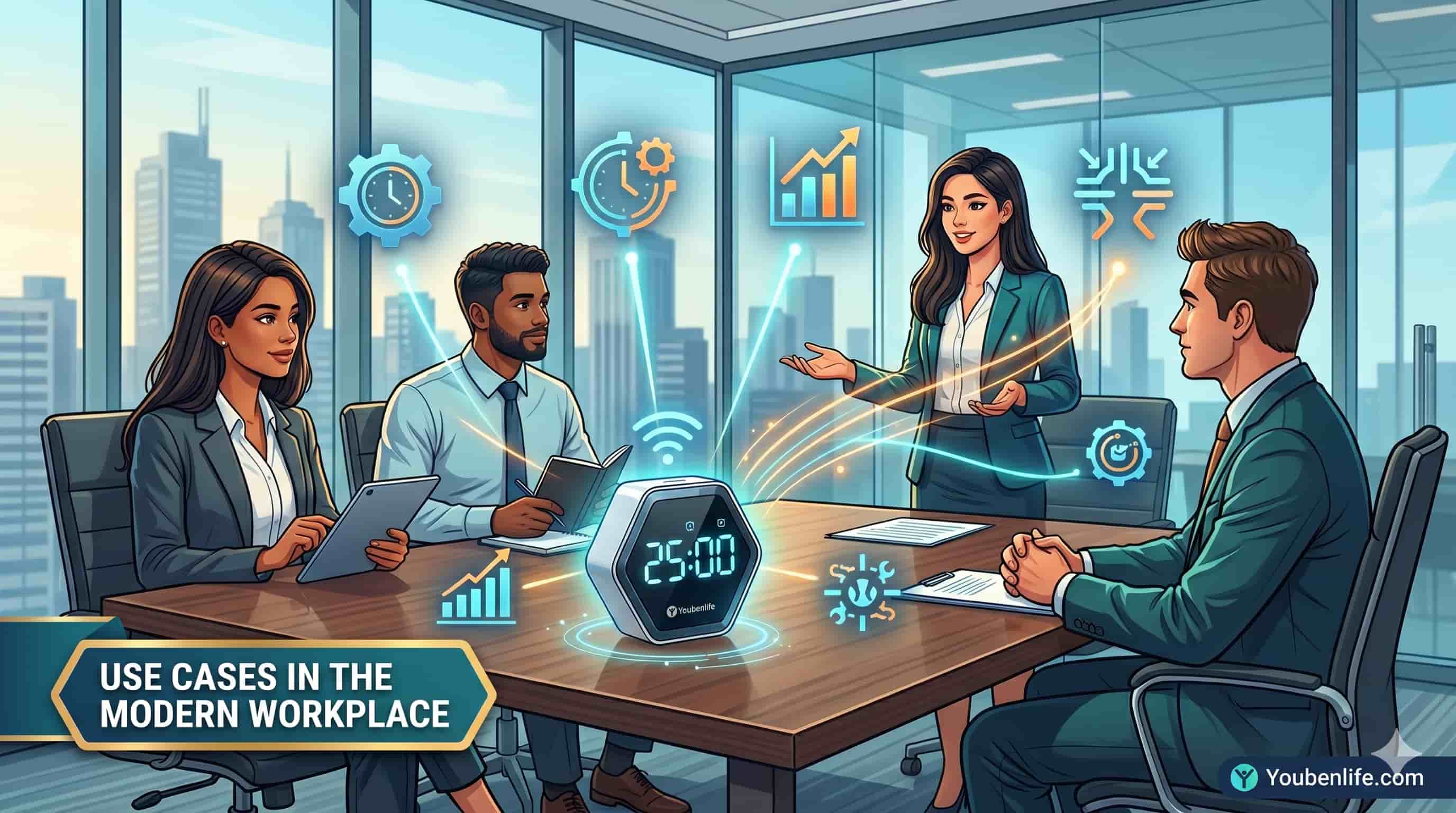 Business team in a meeting using a digital productivity timer with holographic icons.