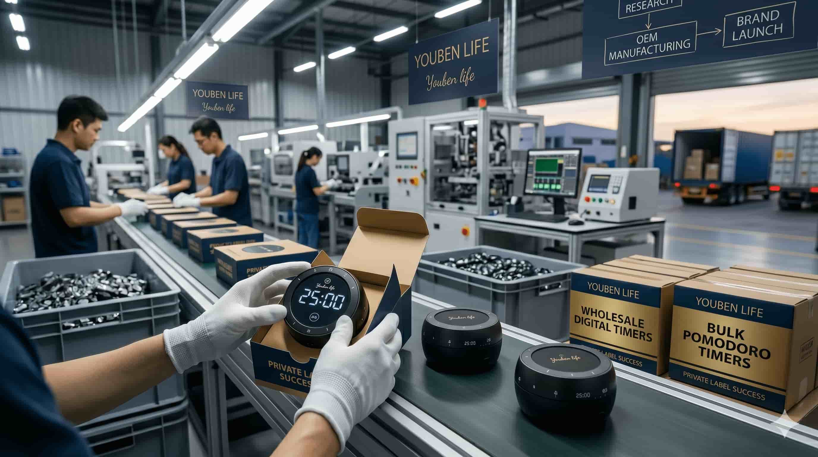 Workers in a factory packaging digital Pomodoro timers on a conveyor belt.