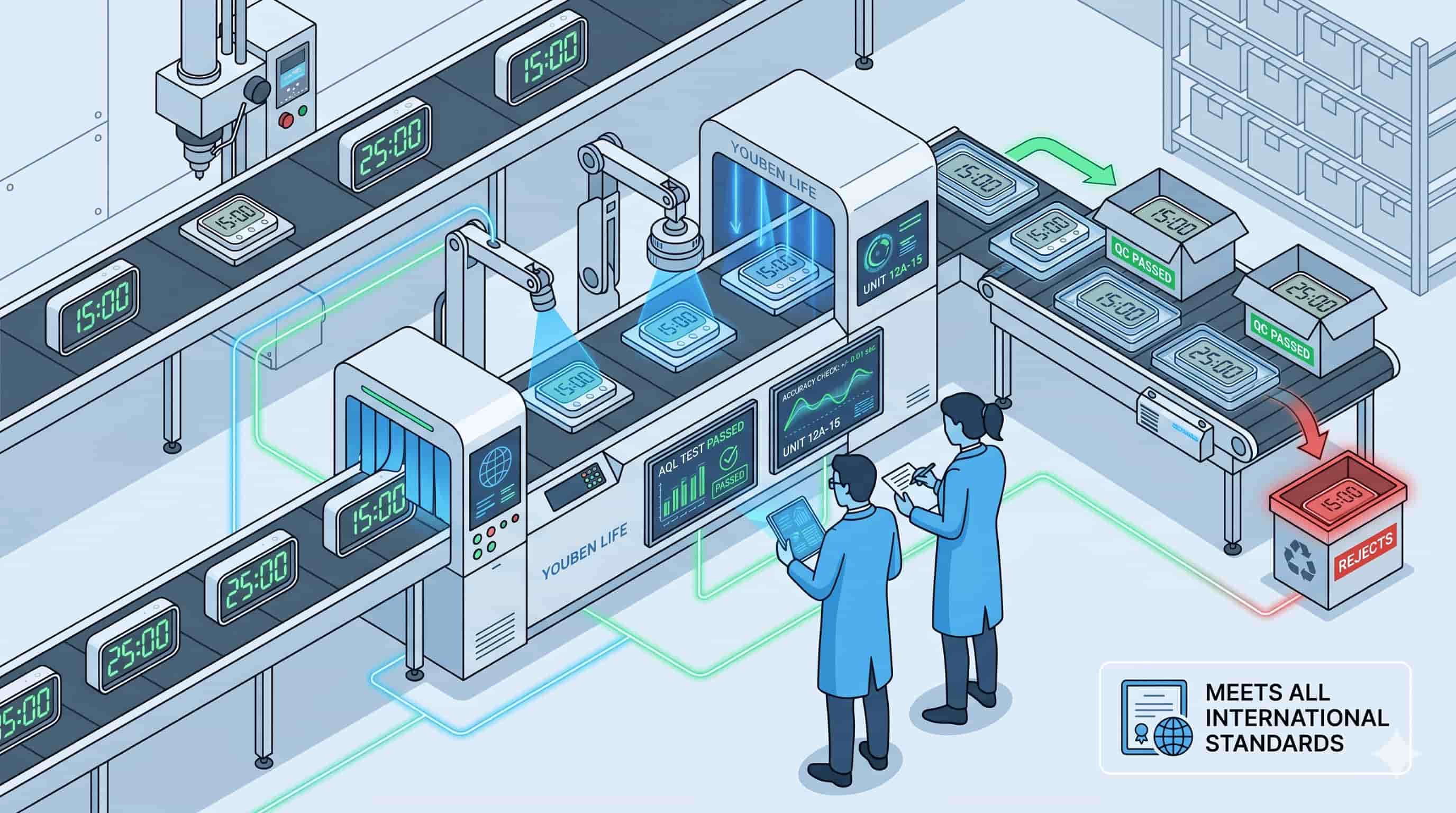 Illustration of an automated quality control line for digital clocks.