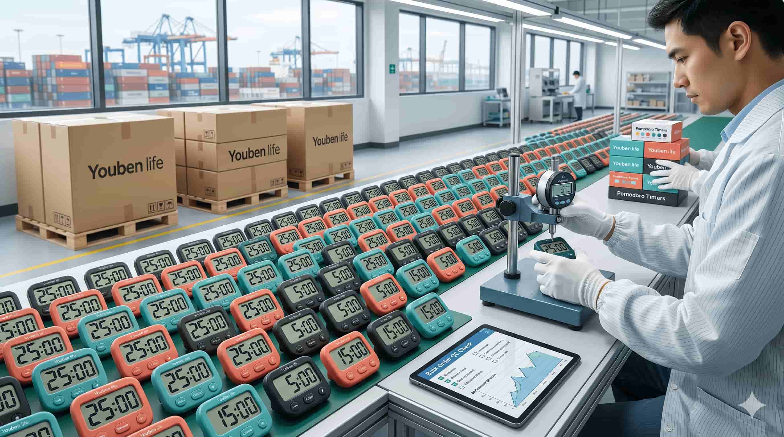 Quality control worker inspecting digital timers in a factory setting.