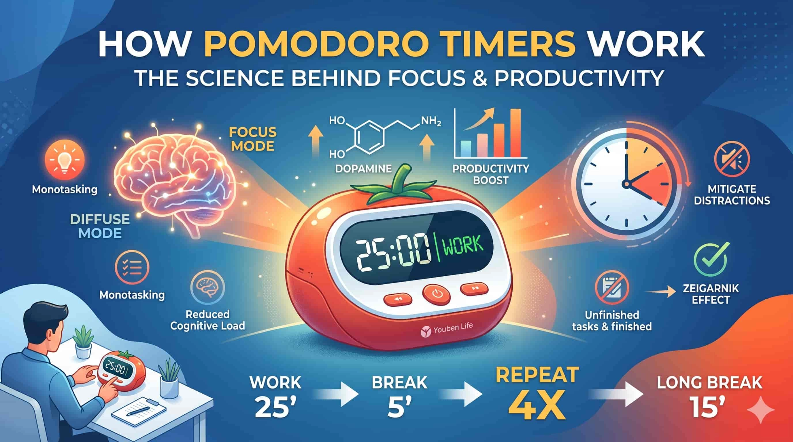 Infographic on how Pomodoro timers work, explaining the science behind focus and productivity. - Youben life