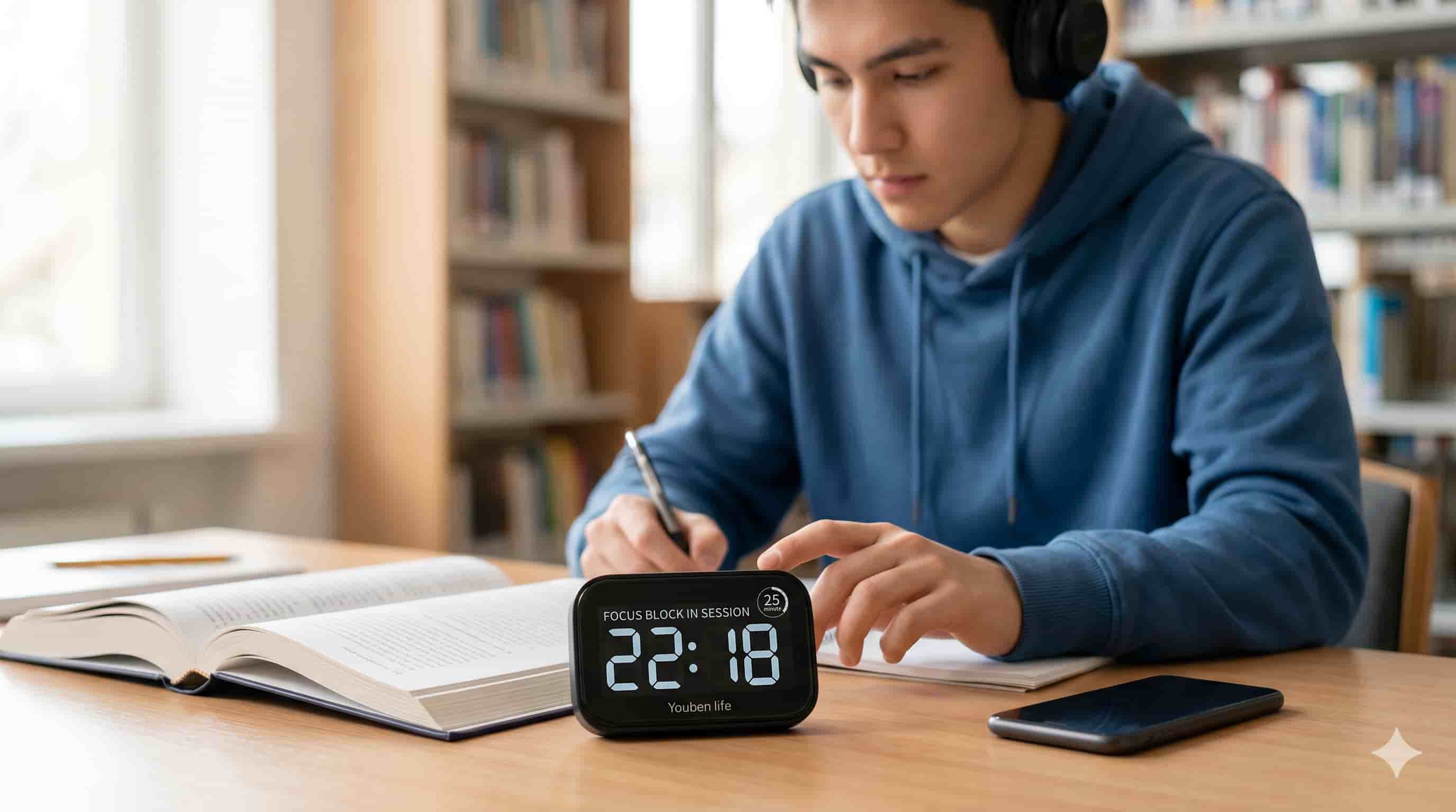 A student using a digital focus timer while studying in a library.