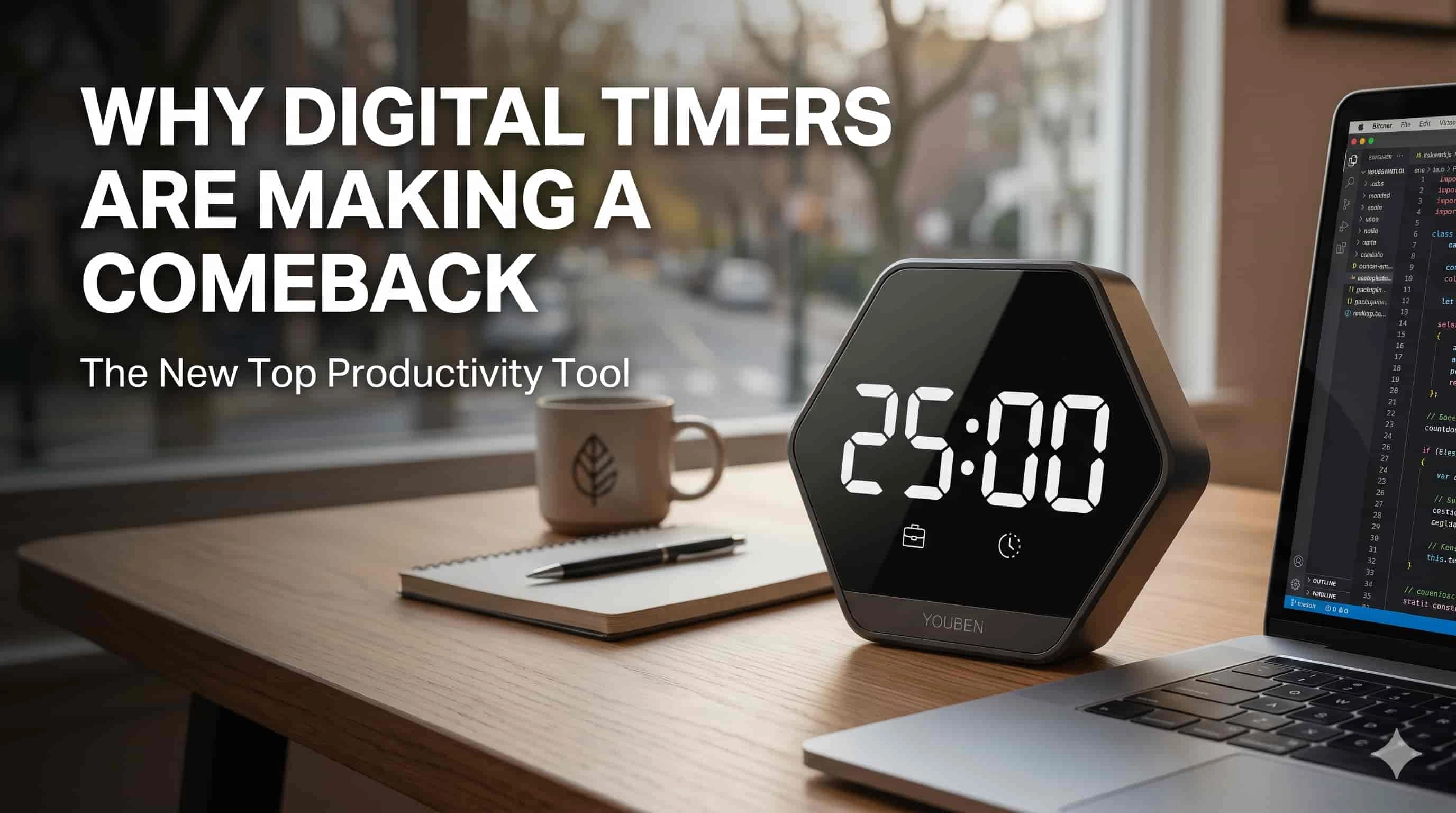 Hexagonal digital timer showing 25:00 on a desk with a laptop and coffee. - Youben life