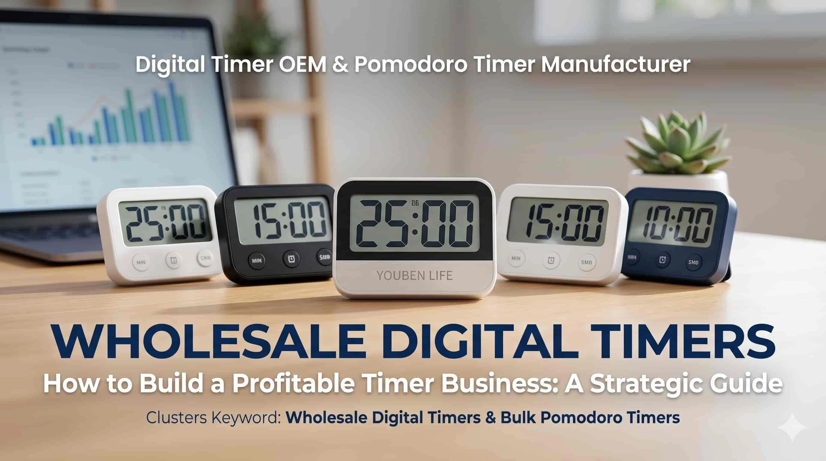 Five digital Pomodoro timers in various colors on a wooden desk. - Youben life