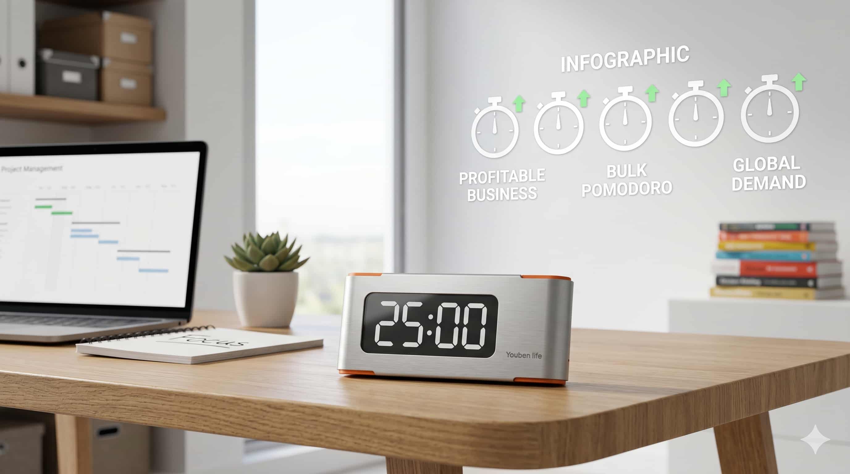Digital pomodoro timer on a desk with a laptop and productivity infographic.