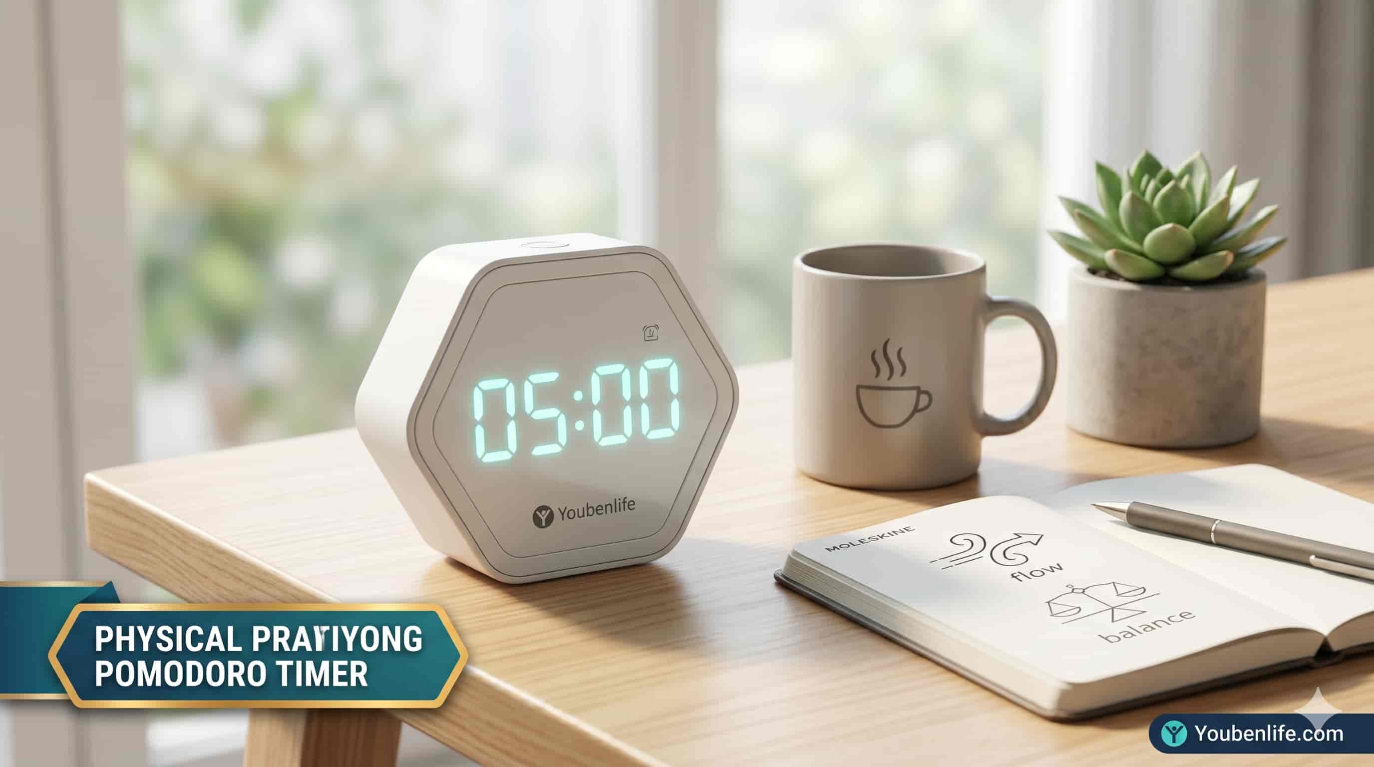 Youbenlife physical Pomodoro timer on a desk with a coffee mug and notebook.