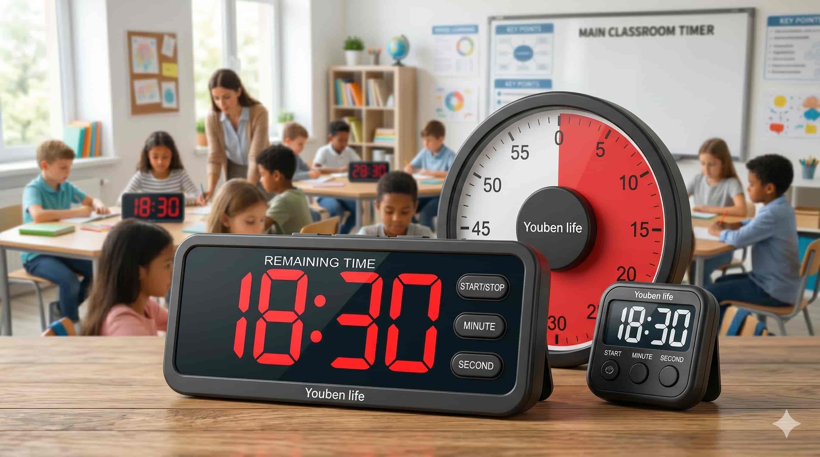 Digital and analog classroom timers on a desk with students in the background.