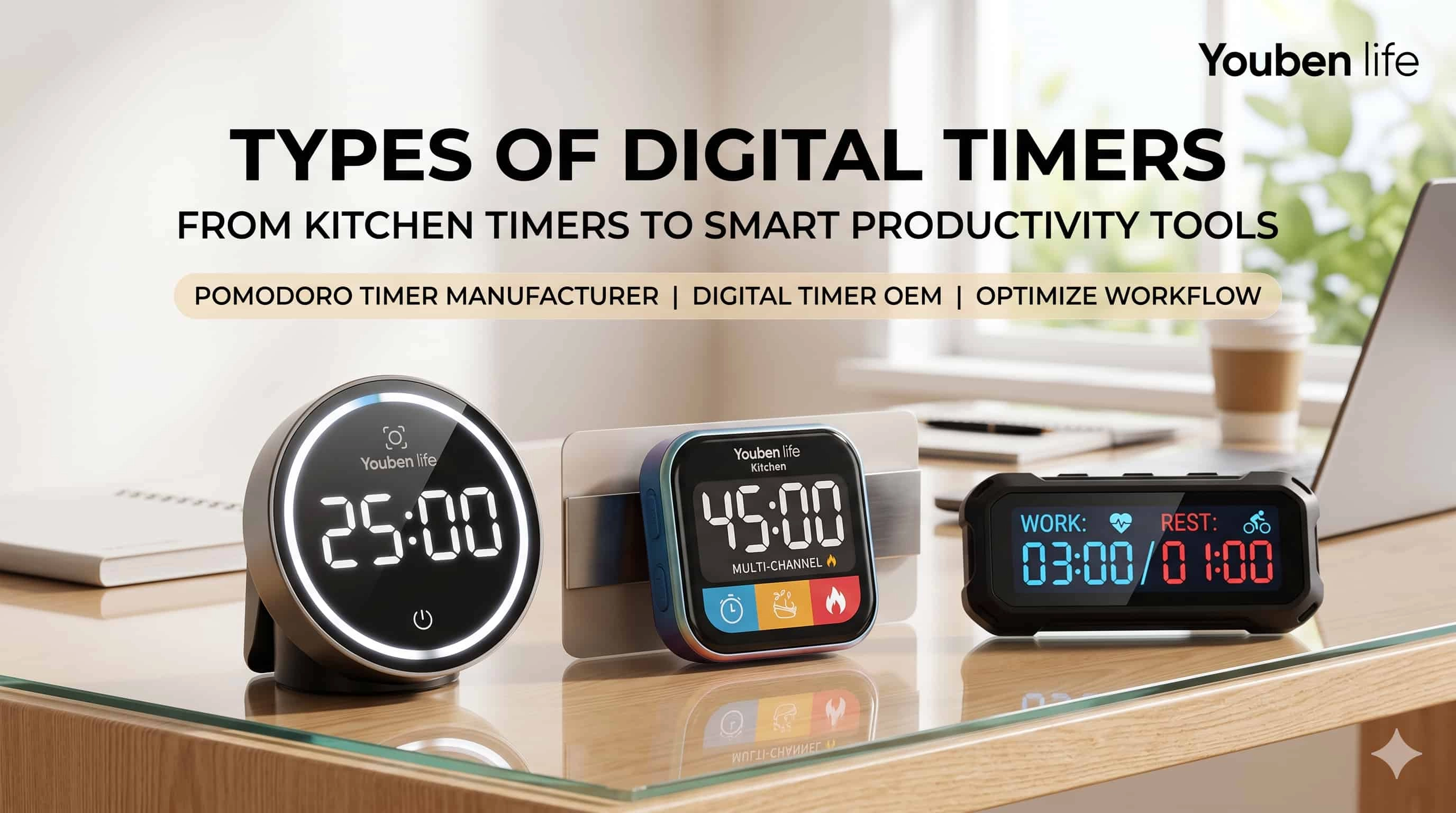 Various types of digital timers from Youben life for kitchen and productivity. - Youben life