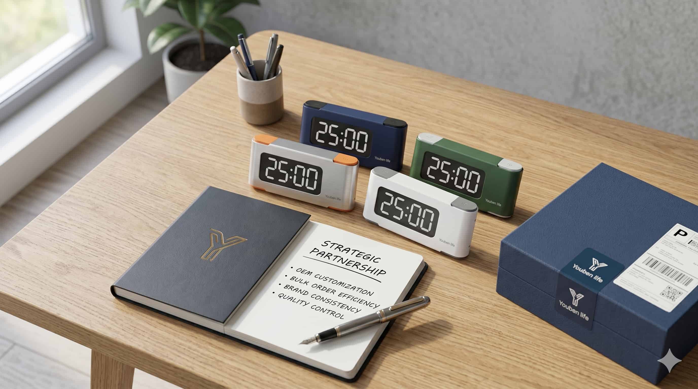 Four digital Pomodoro timers on a desk next to a notebook and pen.