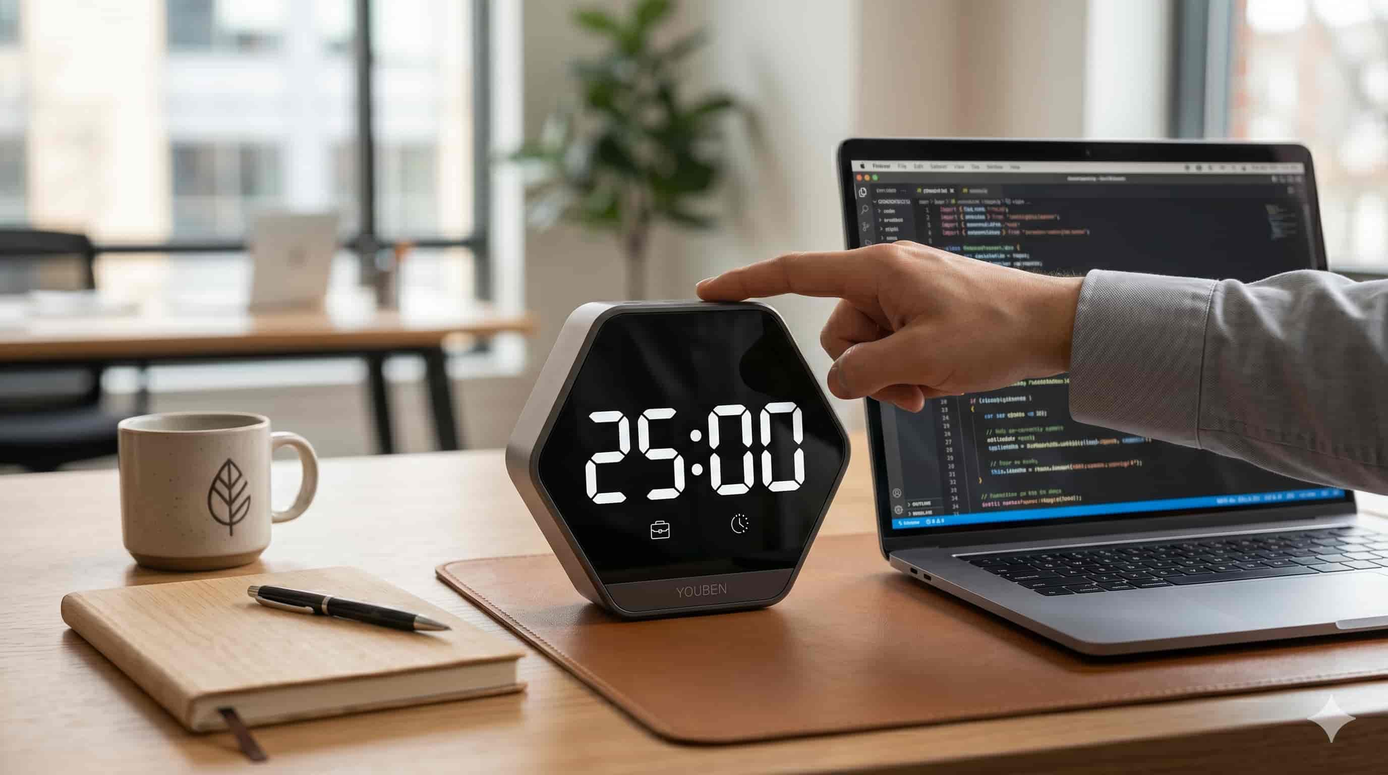 Hexagonal Pomodoro timer on a desk next to a laptop with code. Hexagonal Pomodoro timer on a desk next to a laptop with code.