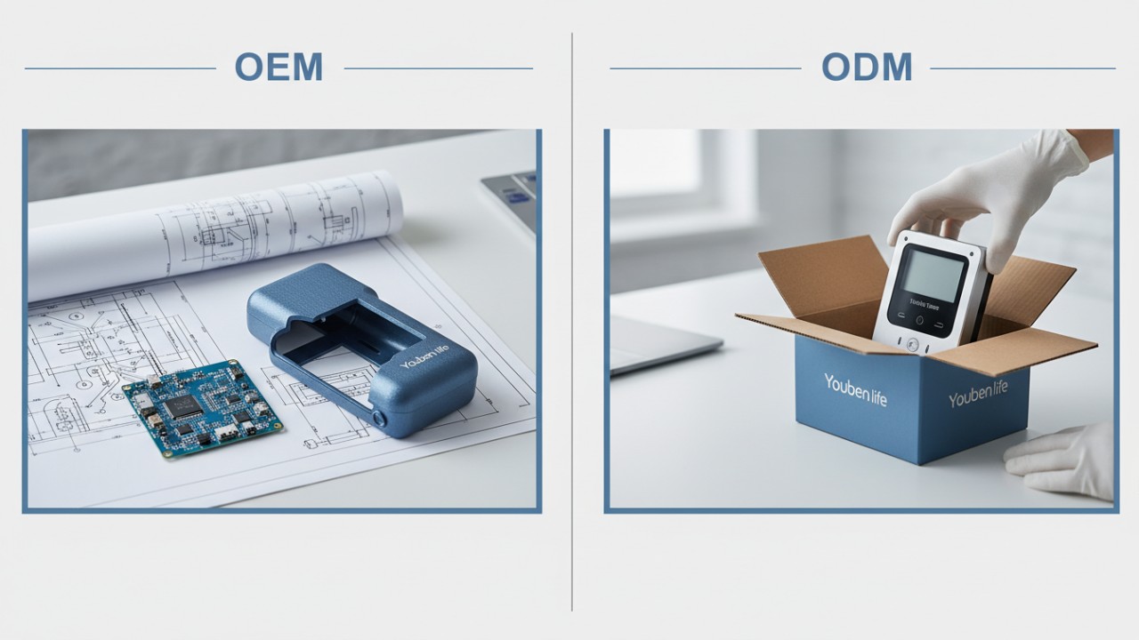 Graphic comparison of OEM custom manufacturing and ODM white label production for electronic timers