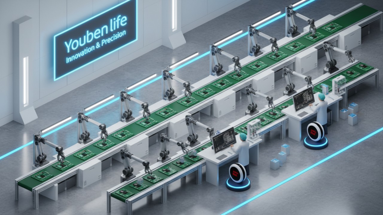 Modern factory assembly line producing digital Pomodoro timers