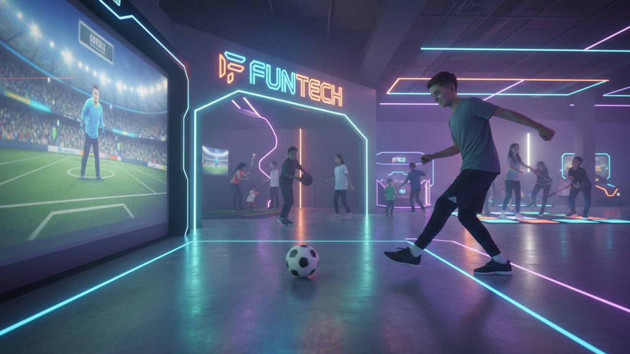 A group of people playing interactive sports games in a modern arcade setting