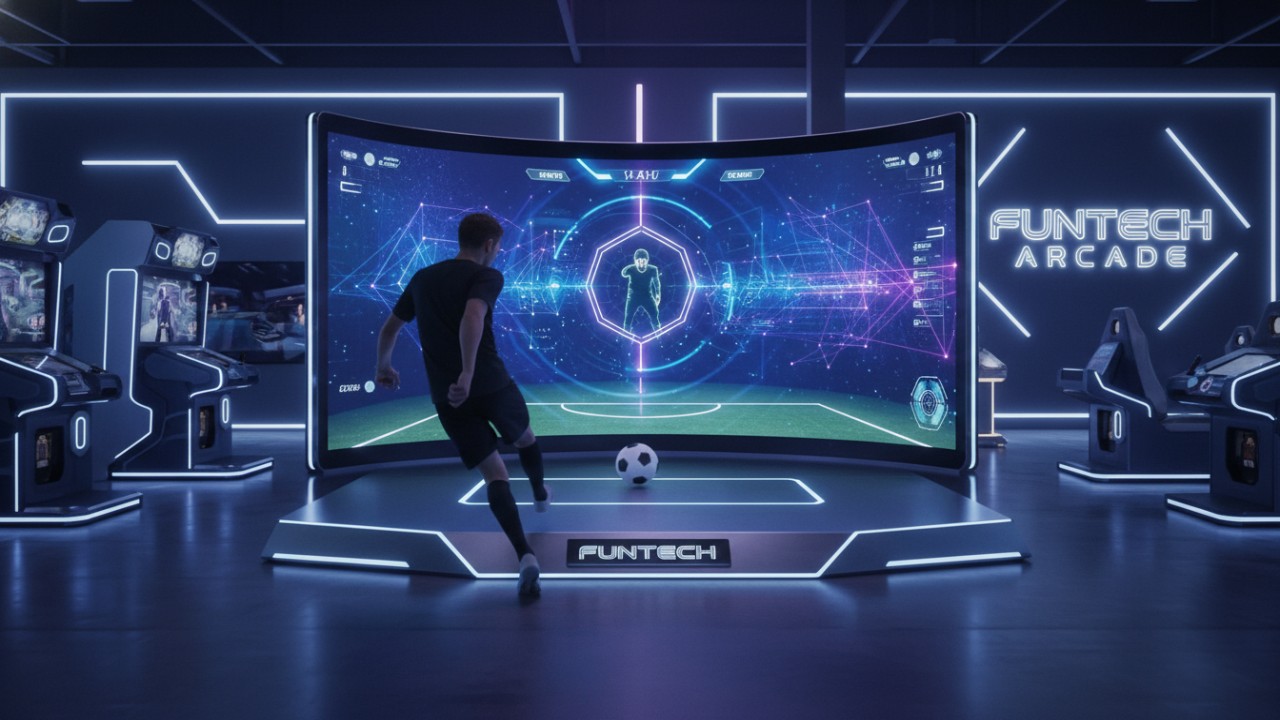 A person playing a high tech interactive soccer shootout game in a modern arcade