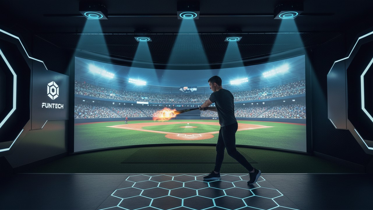 A person playing a virtual baseball game in a modern interactive sports arcade bay