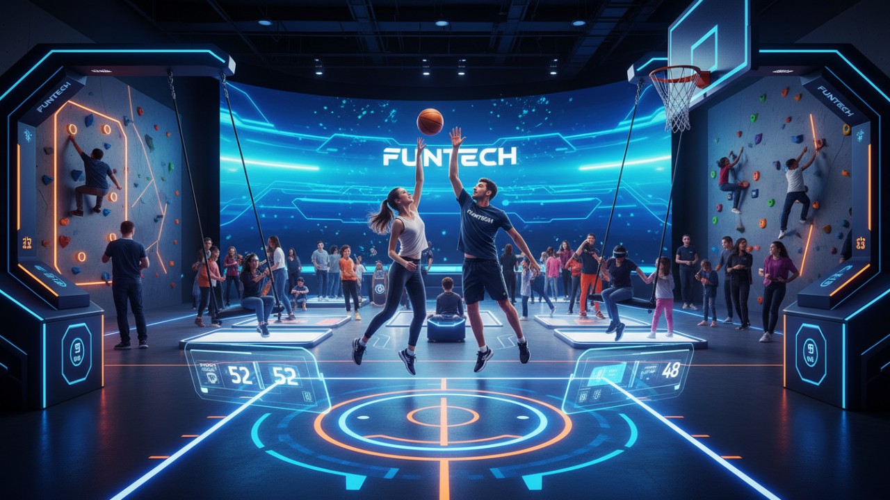 Active players competing in an augmented reality basketball station at a family entertainment center