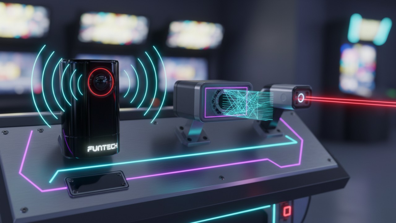 Close up view of different arcade machine sensor technologies including LiDAR and depth cameras