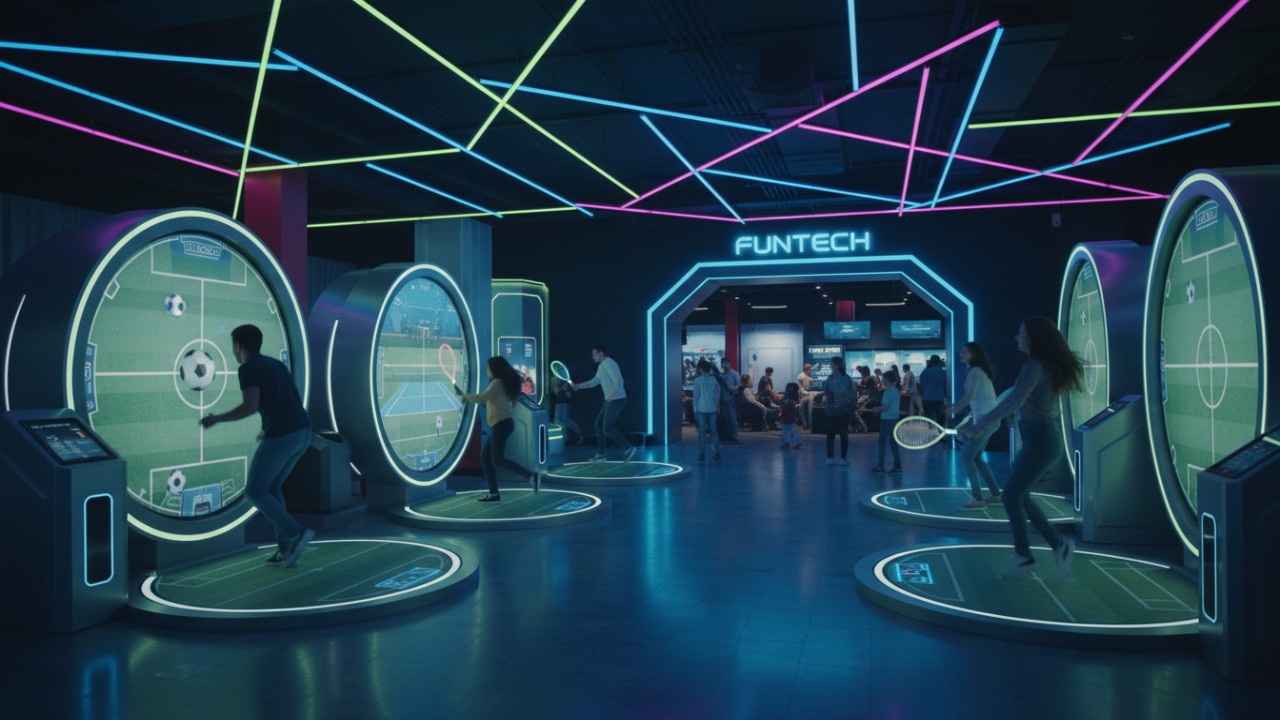 Crowded modern entertainment venue with people using interactive sports simulators