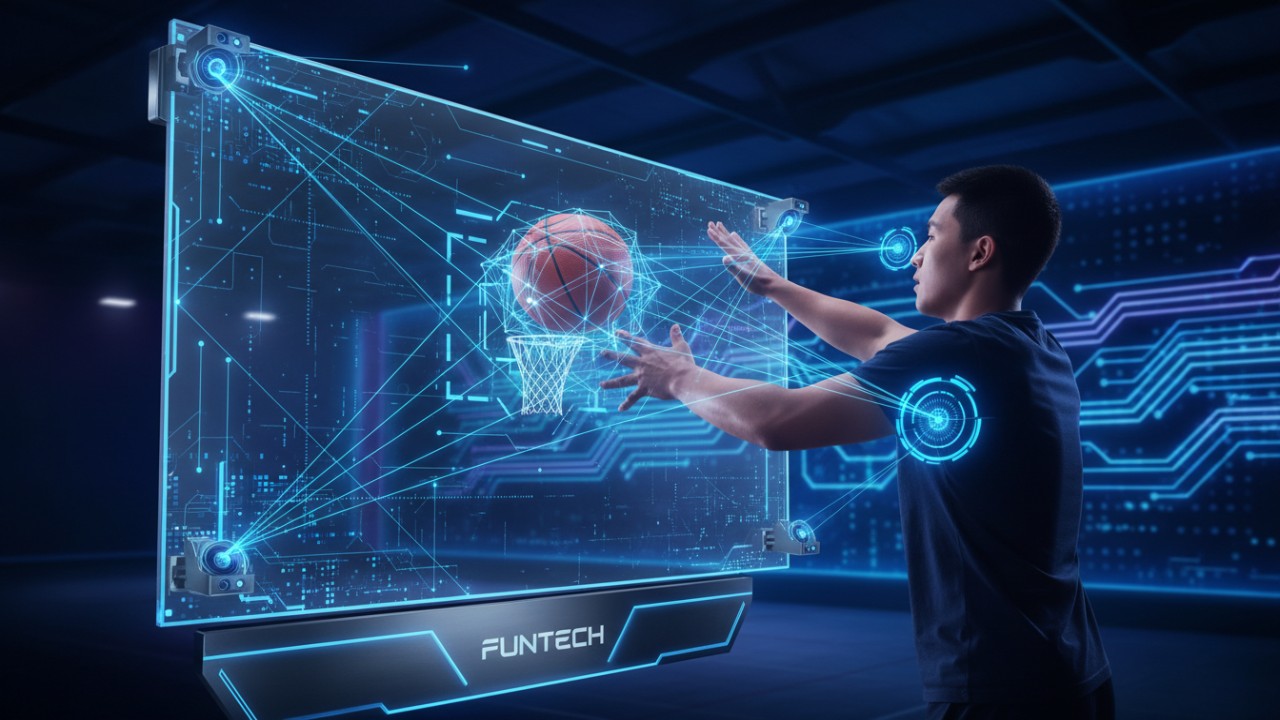 Digital illustration of an interactive sports arcade machine tracking ball trajectory with LiDAR sensors