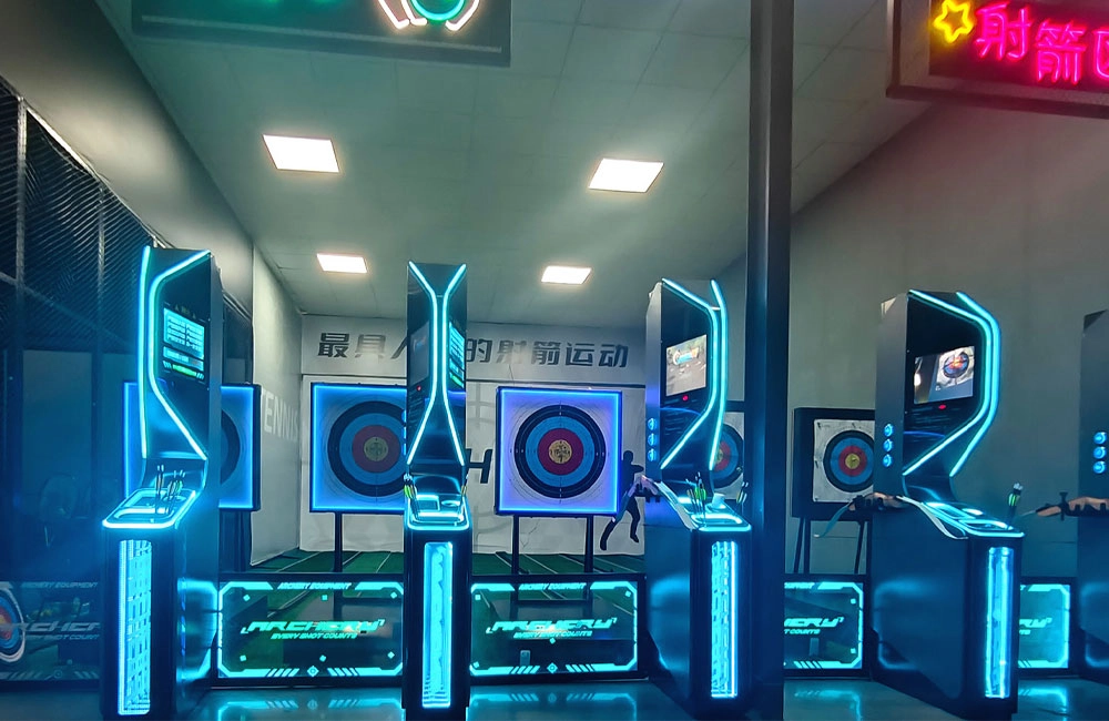Archery-interactive-game-stations-with-glowing-blue-accents. Archery interactive game stations with glowing blue accents.
