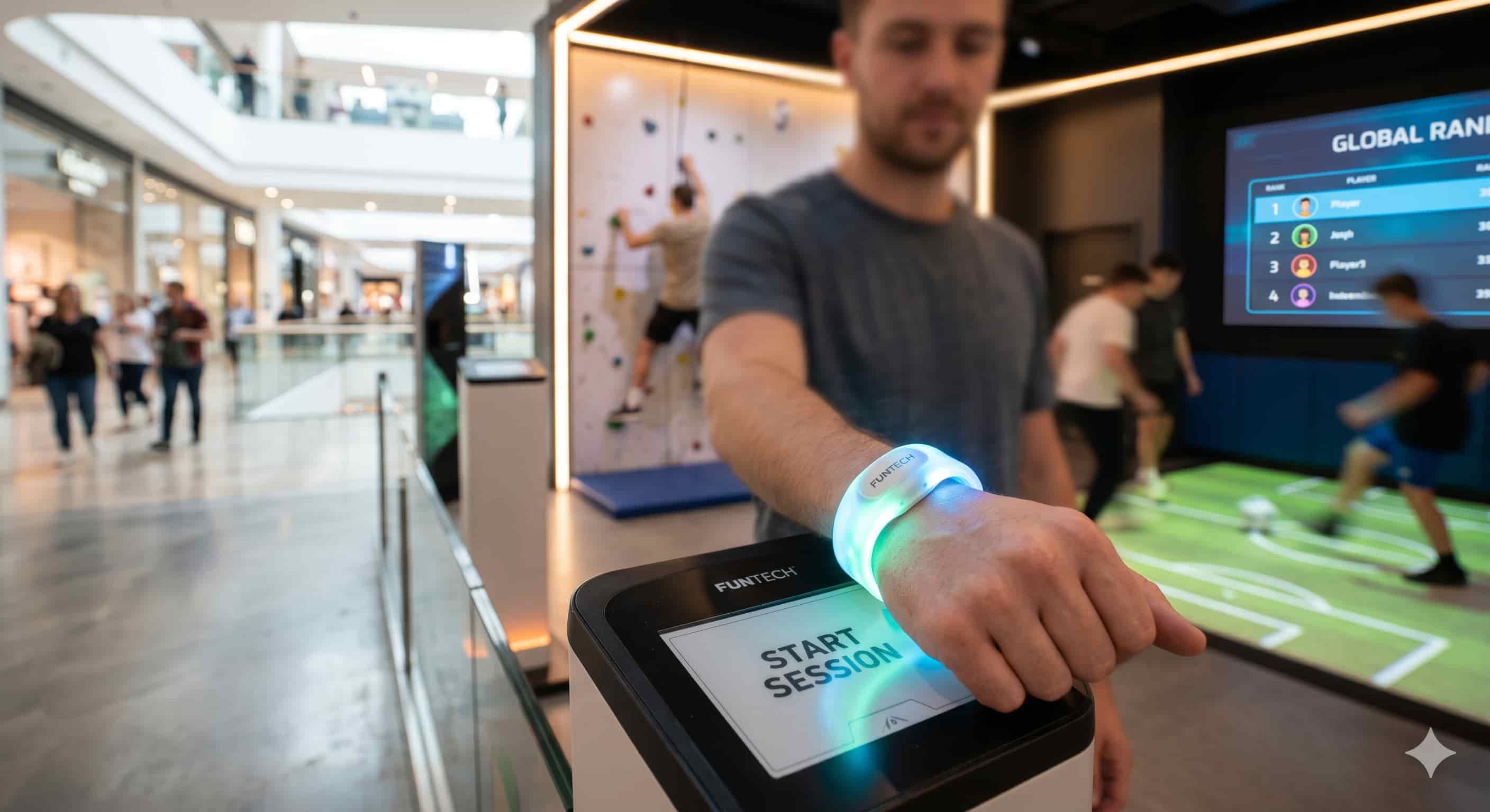 Man using a glowing Funtech wristband to start a session at a sports center.