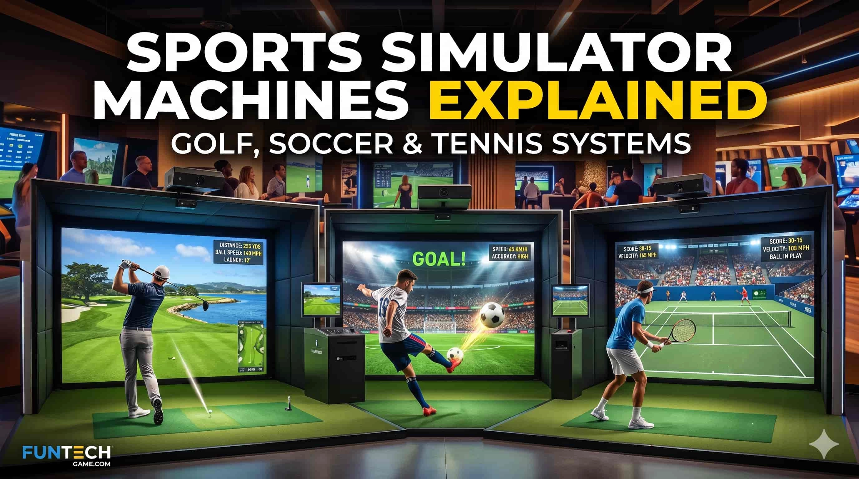 Sports simulator machines for golf, soccer, and tennis by FunTech Game.