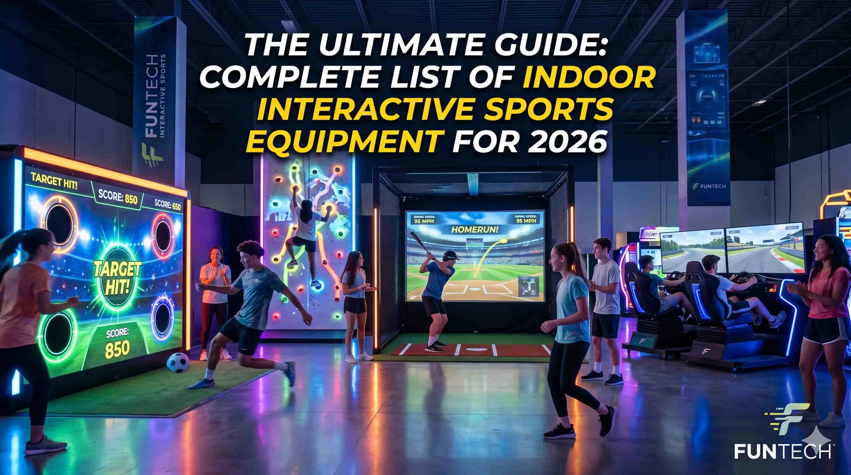 People playing various indoor interactive sports at a FunTech facility.