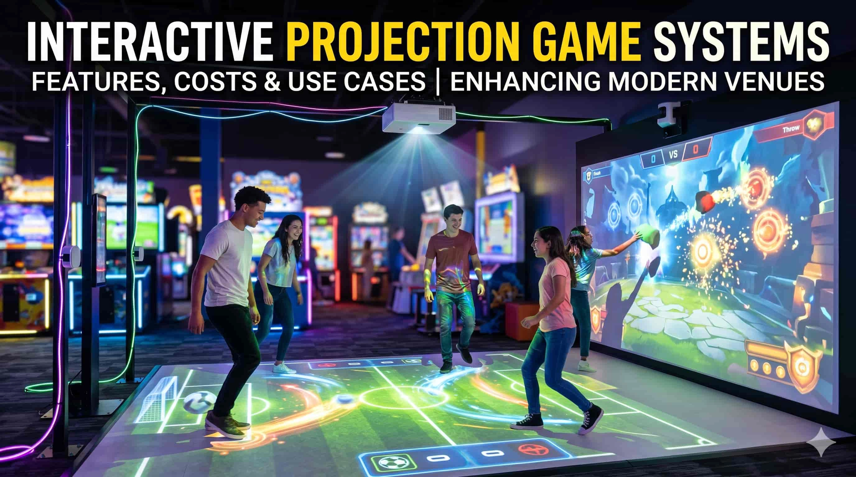 People playing with an interactive projection game system in a modern entertainment venue.