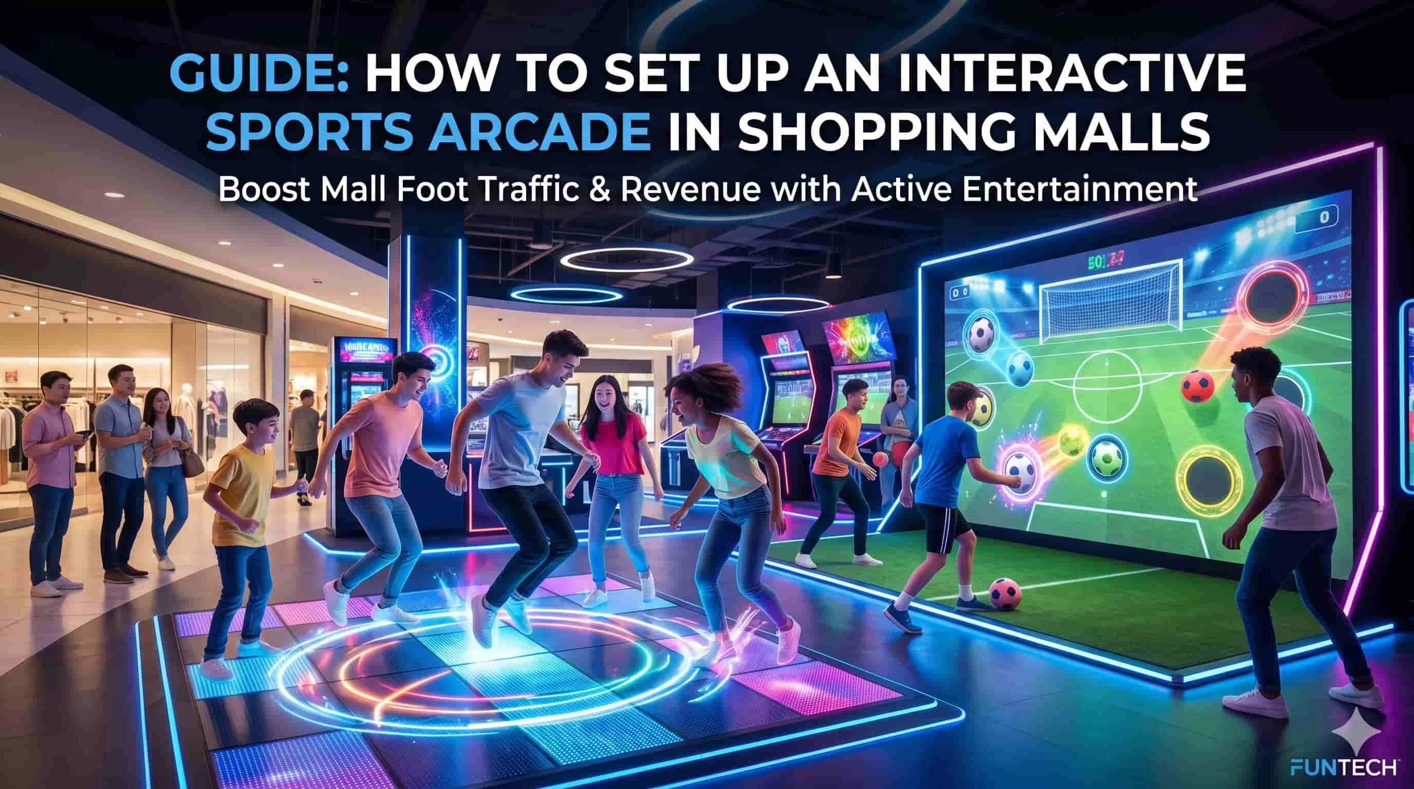 People playing on interactive sports arcade games in a shopping mall.