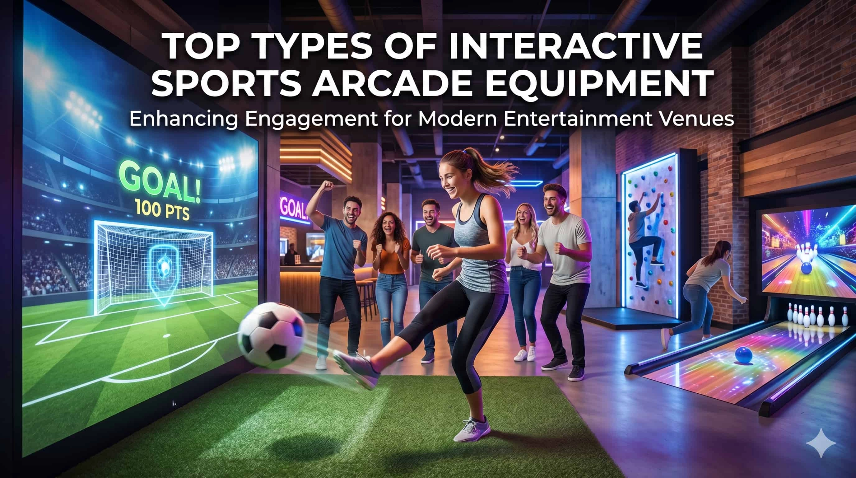 Interactive sports arcade with people playing virtual soccer, climbing, and bowling.