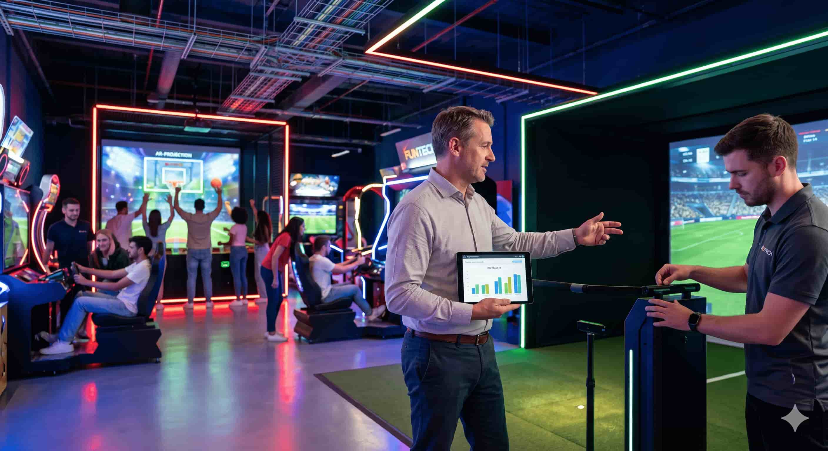 Two men analyze sports data on a tablet in a modern neon-lit gaming arcade.