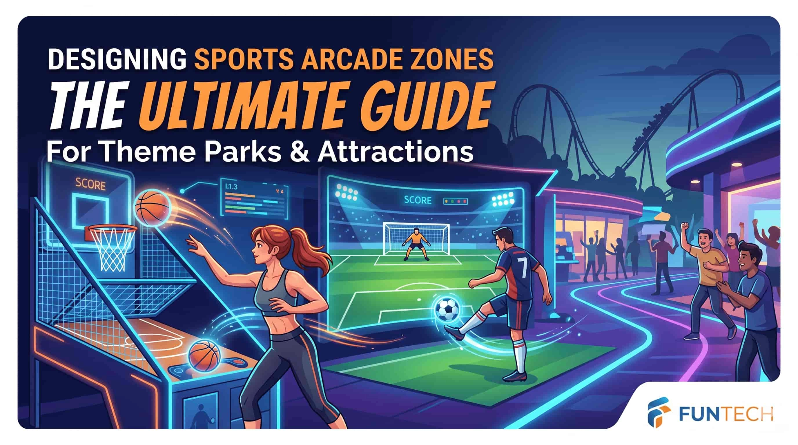 Illustration of people playing sports arcade games at a theme park.