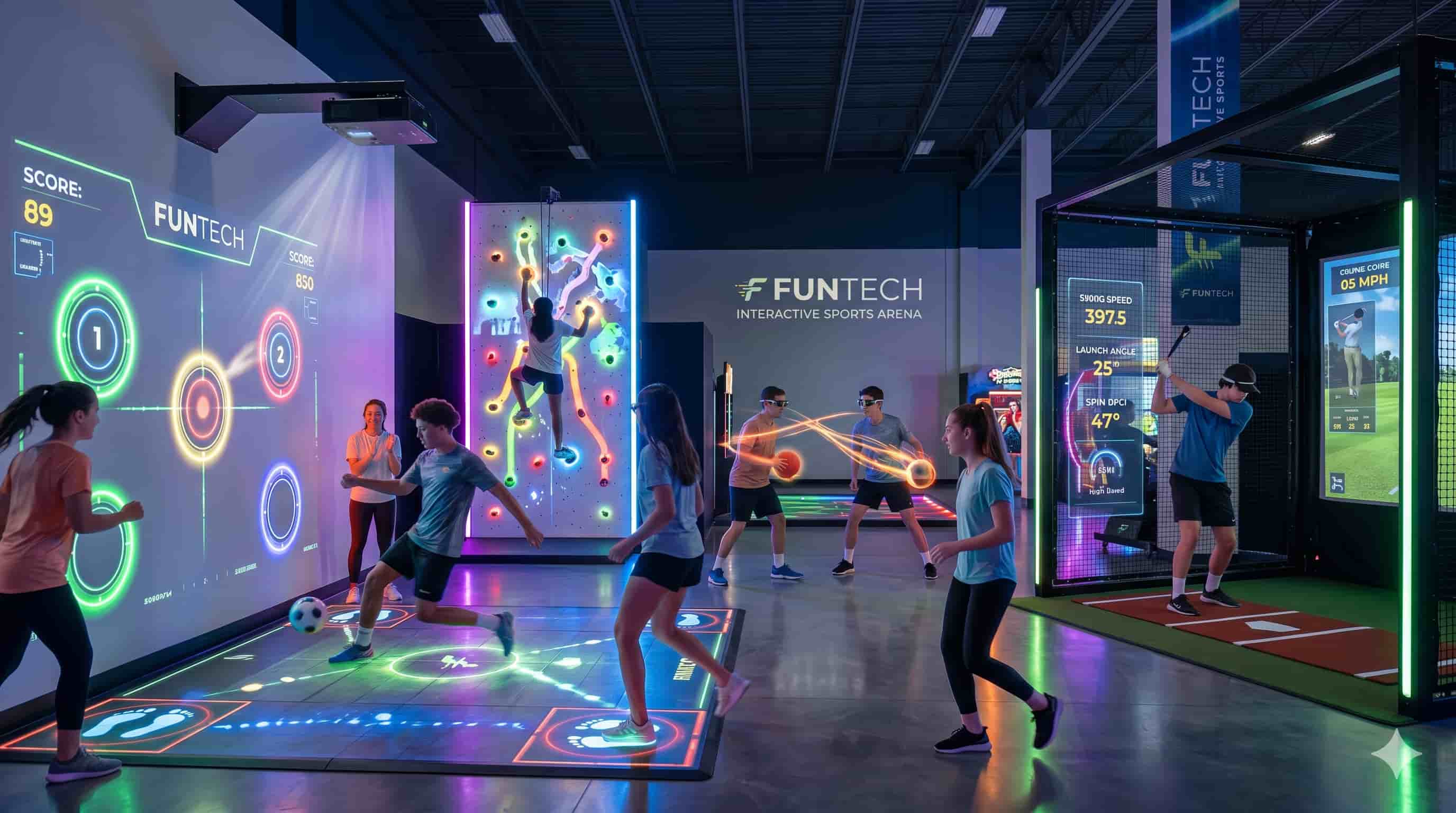 People playing interactive sports like soccer and climbing at FunTech arena.