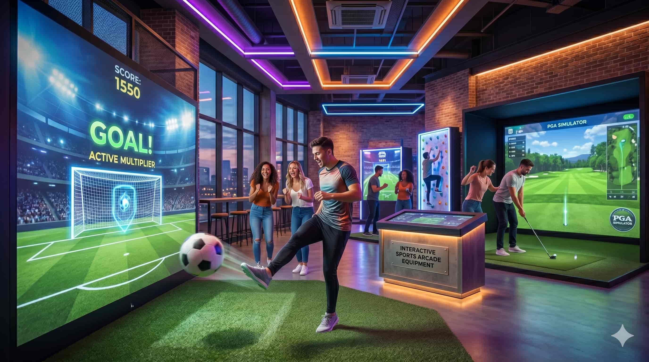 Friends enjoying an interactive sports arcade with soccer and golf simulators.