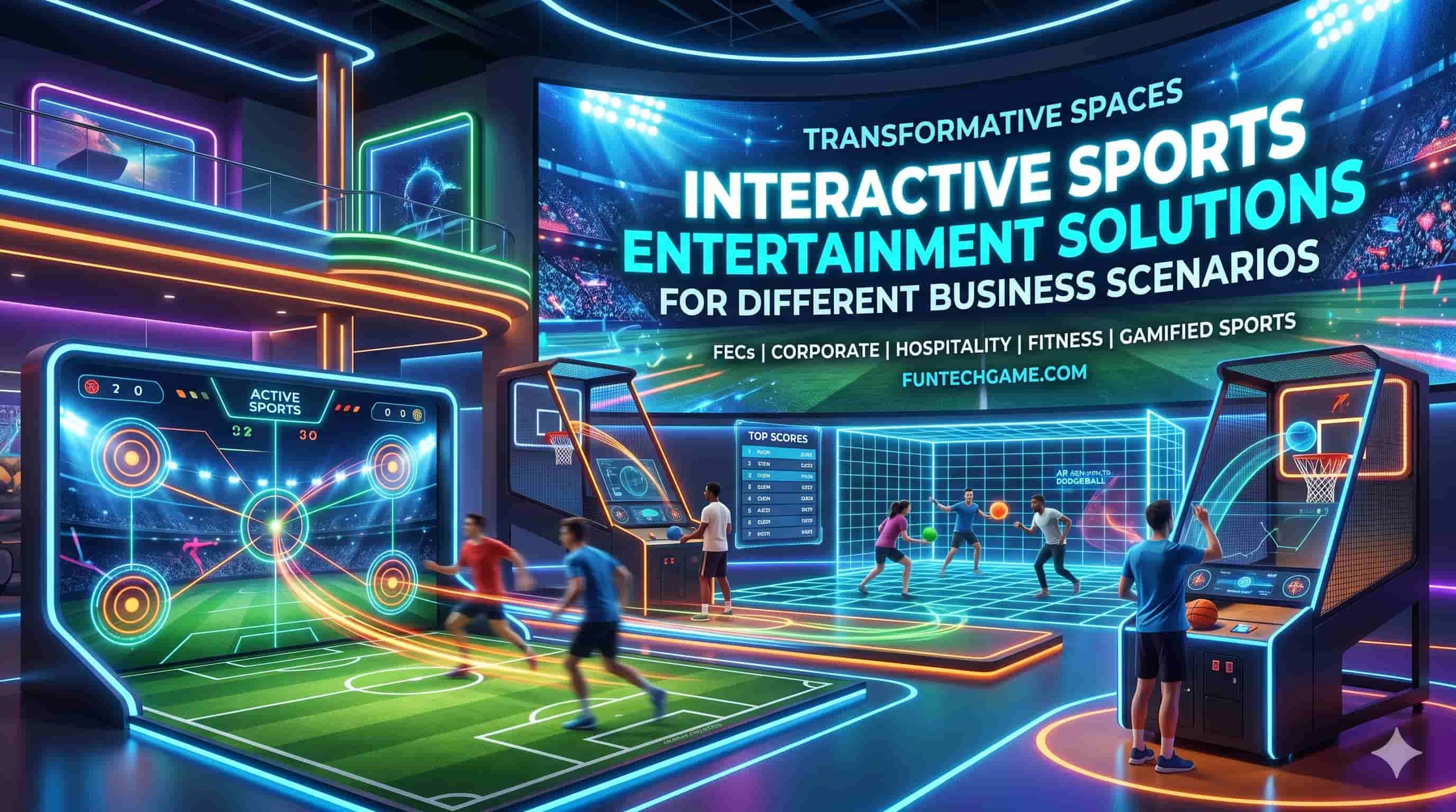 Futuristic indoor arena with interactive digital sports and neon lighting.