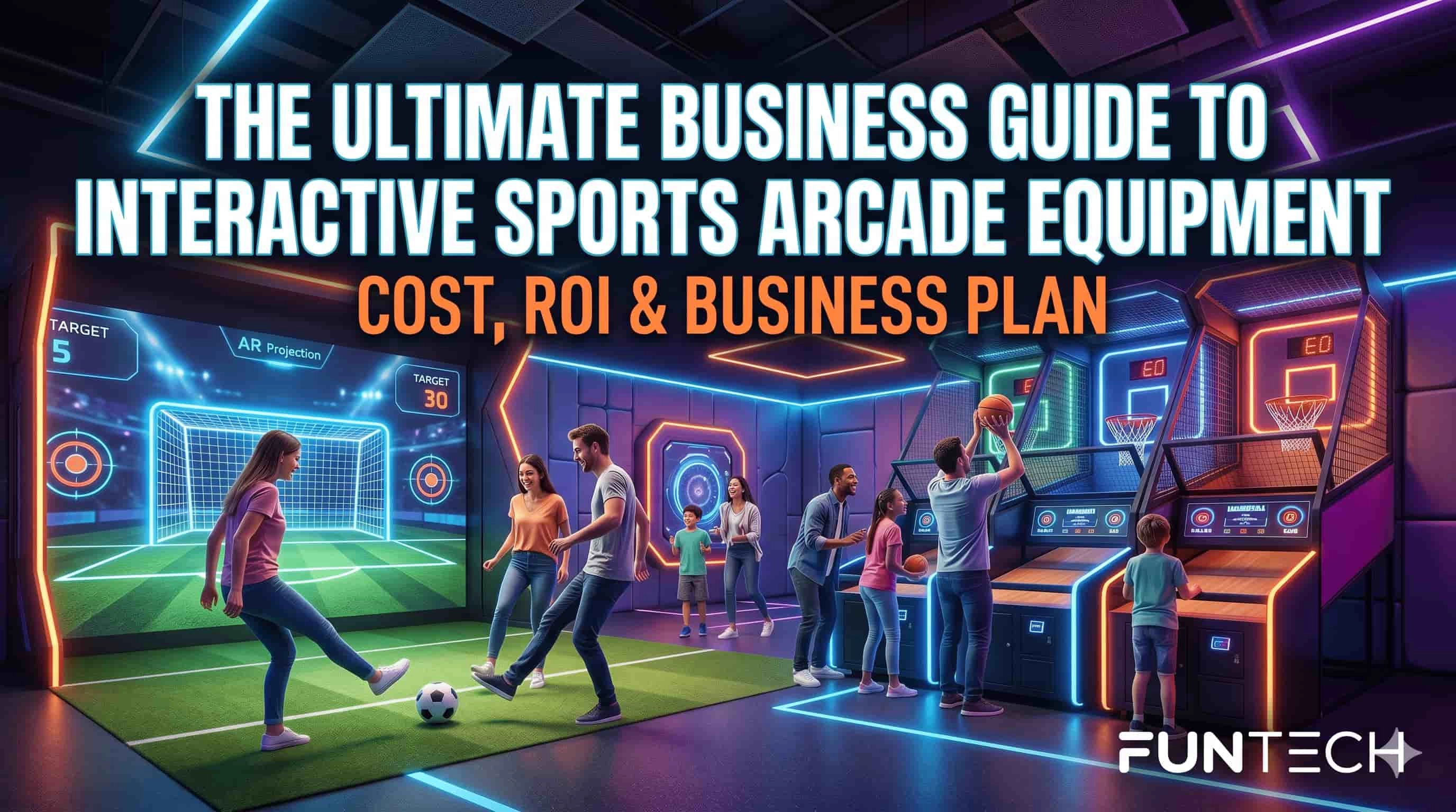 People playing soccer and basketball in a neon interactive sports arcade.