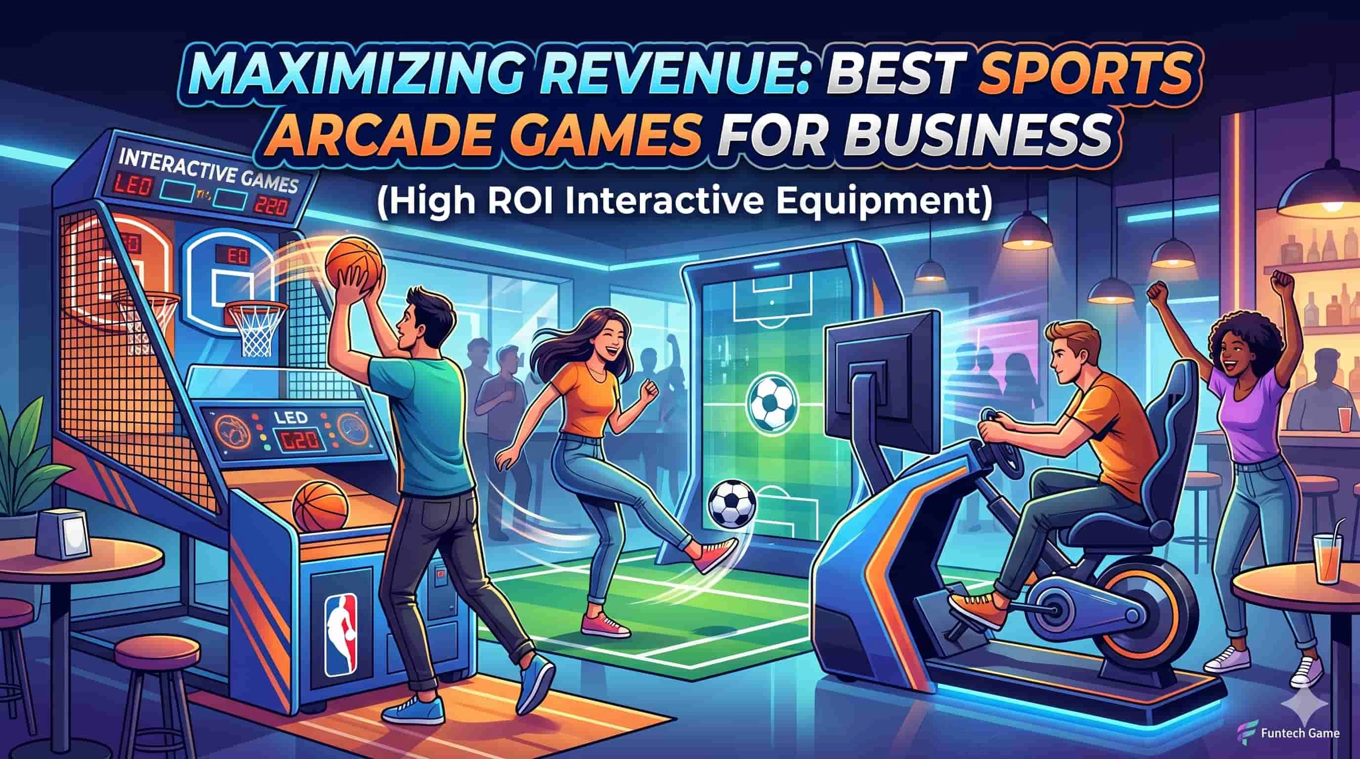 People playing basketball, soccer, and racing arcade games in a modern venue.