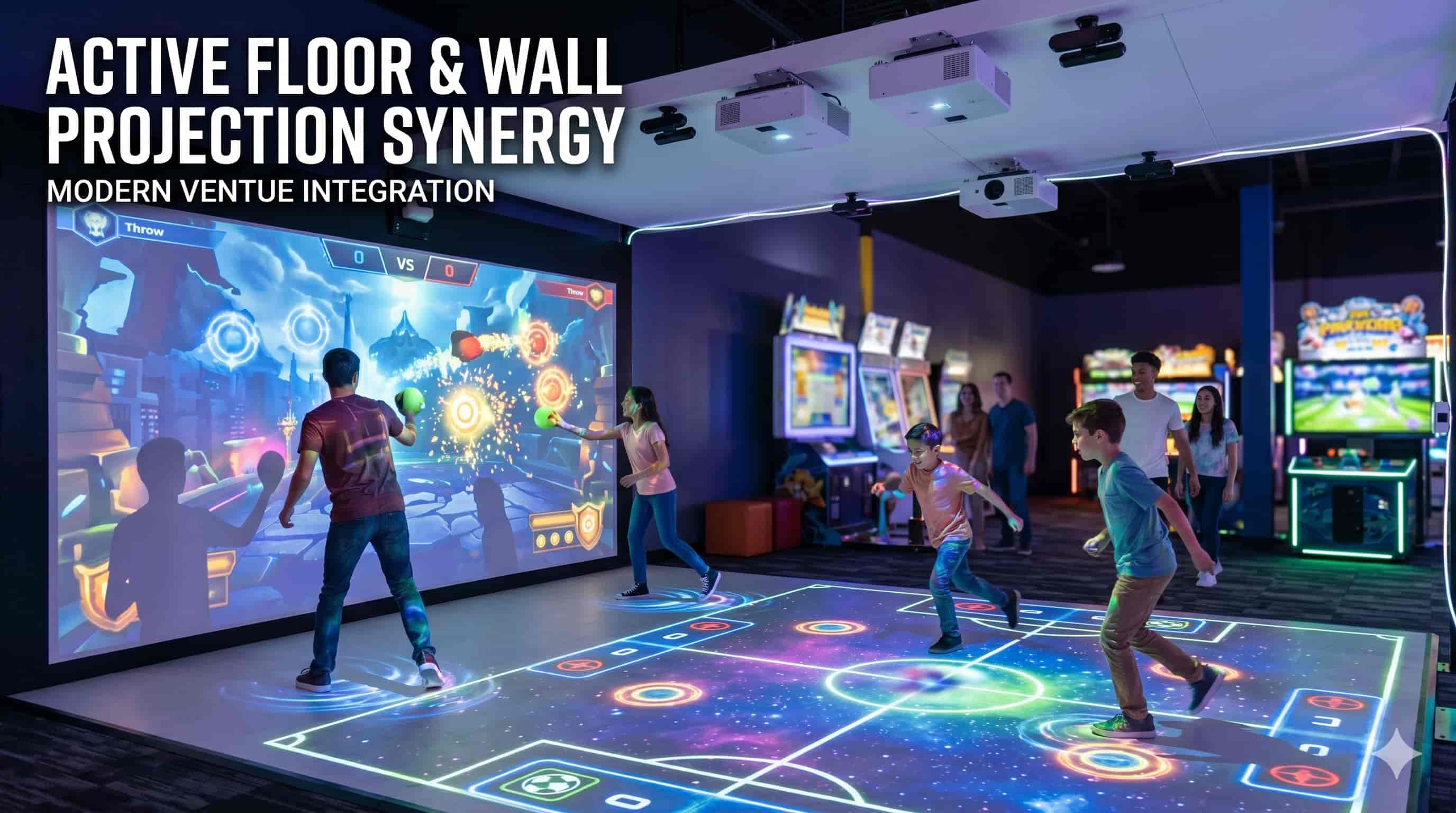 People playing interactive floor and wall projection games in a modern entertainment venue.