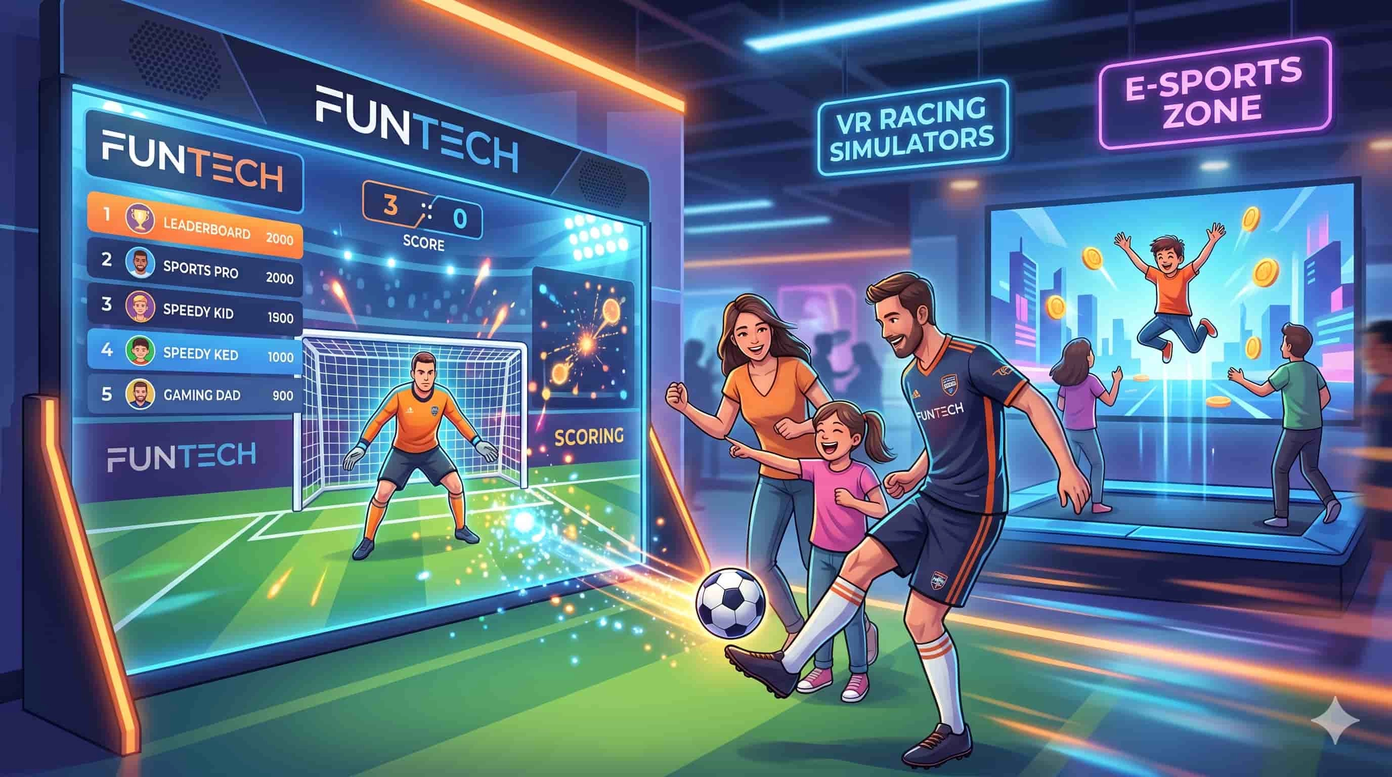 A family playing interactive soccer at a modern e-sports and gaming arcade.