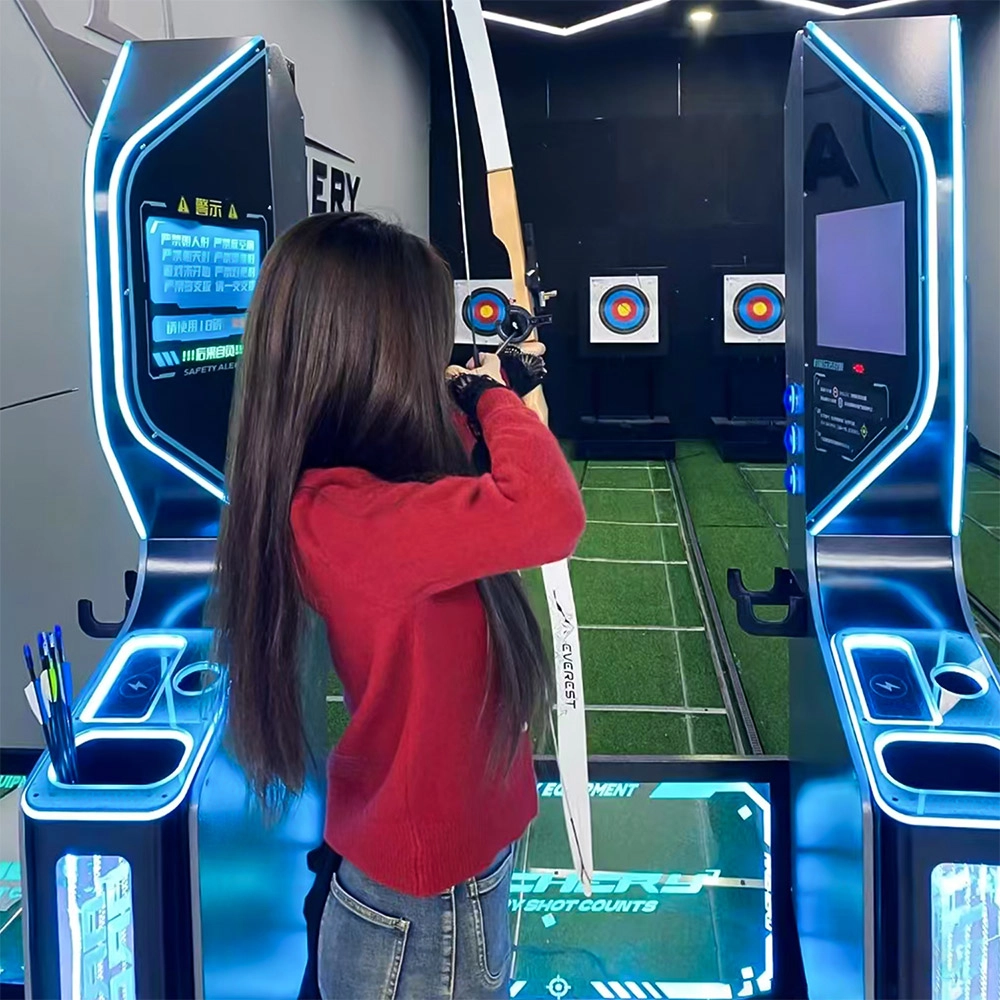 Woman-enjoying-interactive-archery-game. Woman enjoying interactive archery game.
