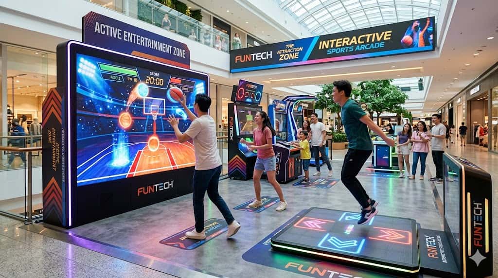 People playing interactive sports arcade games in a shopping mall.