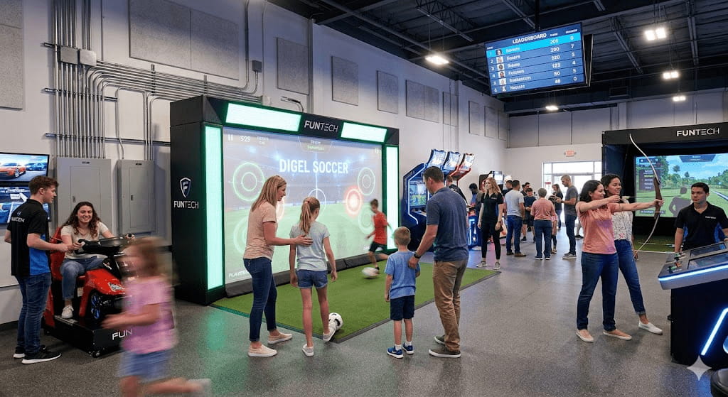 People playing interactive sports and arcade games at a FunTech entertainment center.
